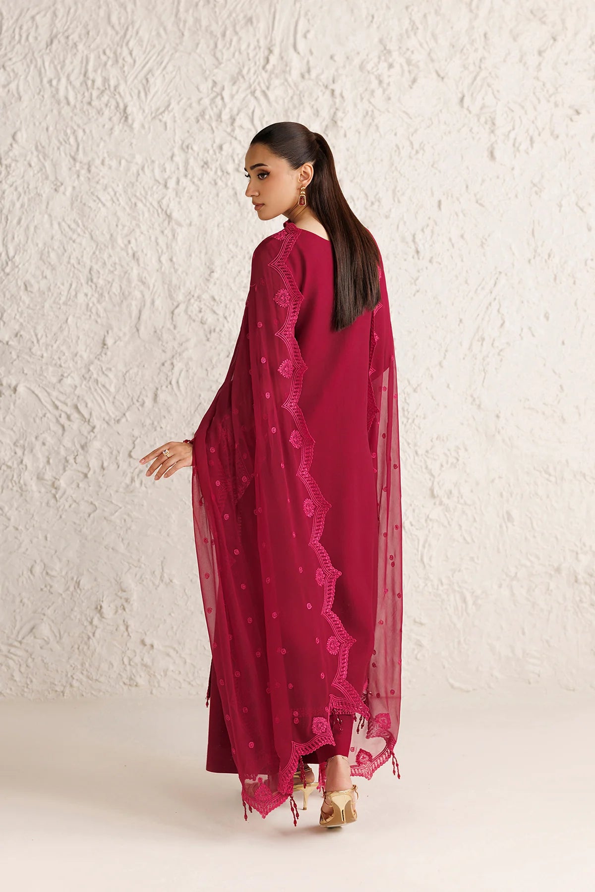 Farasha 3Pc Embroidered Chiffon Suit Petal Garnet
