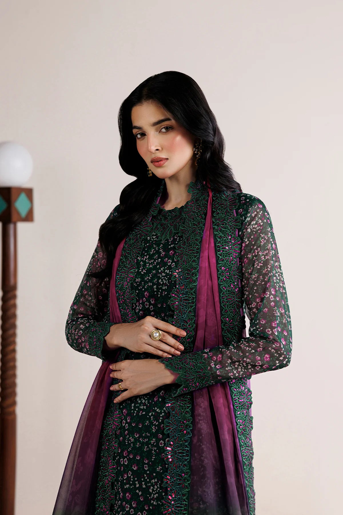 Farasha 3Pc Embroidered Chiffon Suit Viridian Tale
