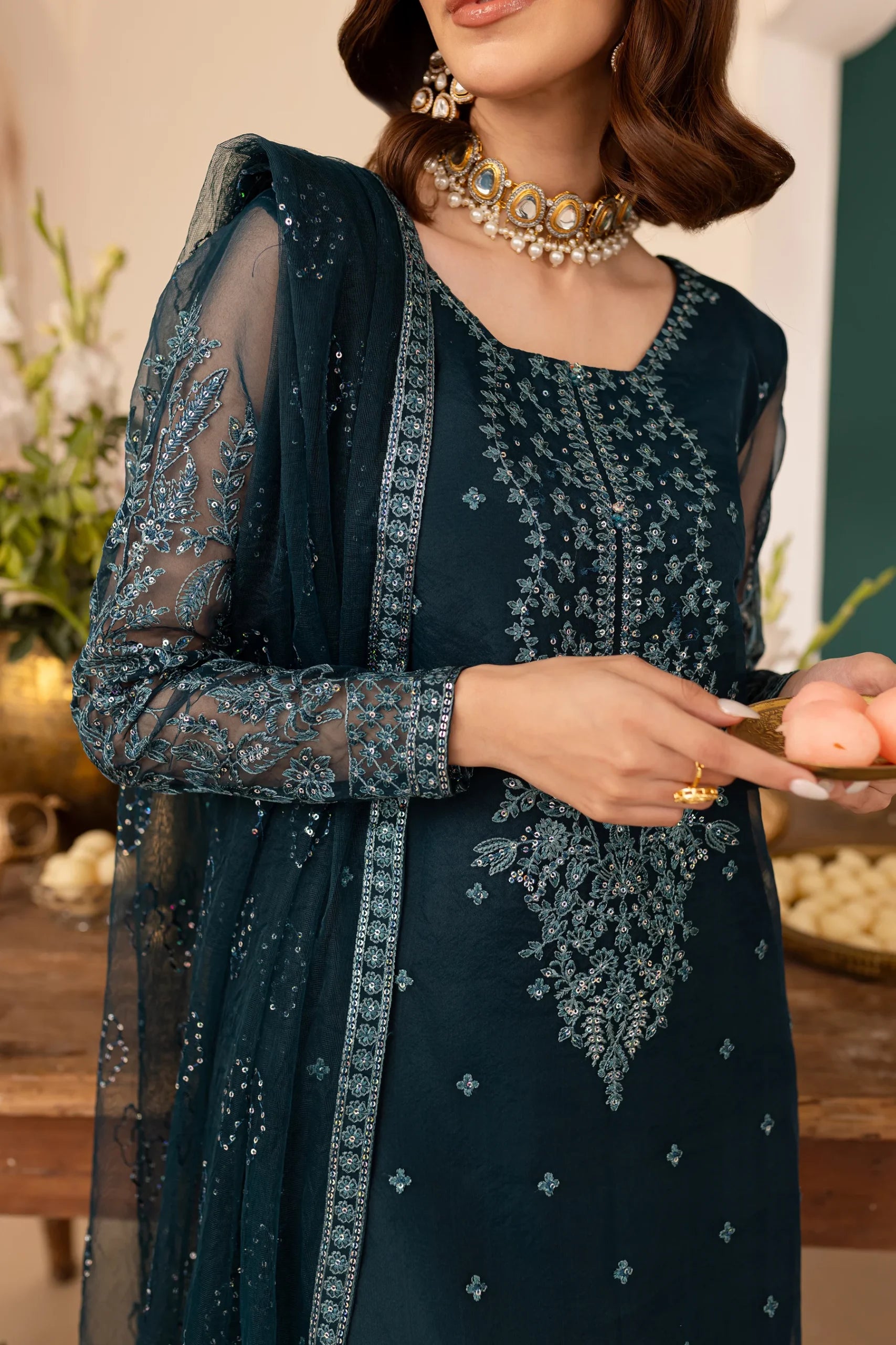 Batik 3Pc Embroidered Organza Suit Teal Tiffany gulbuy.com