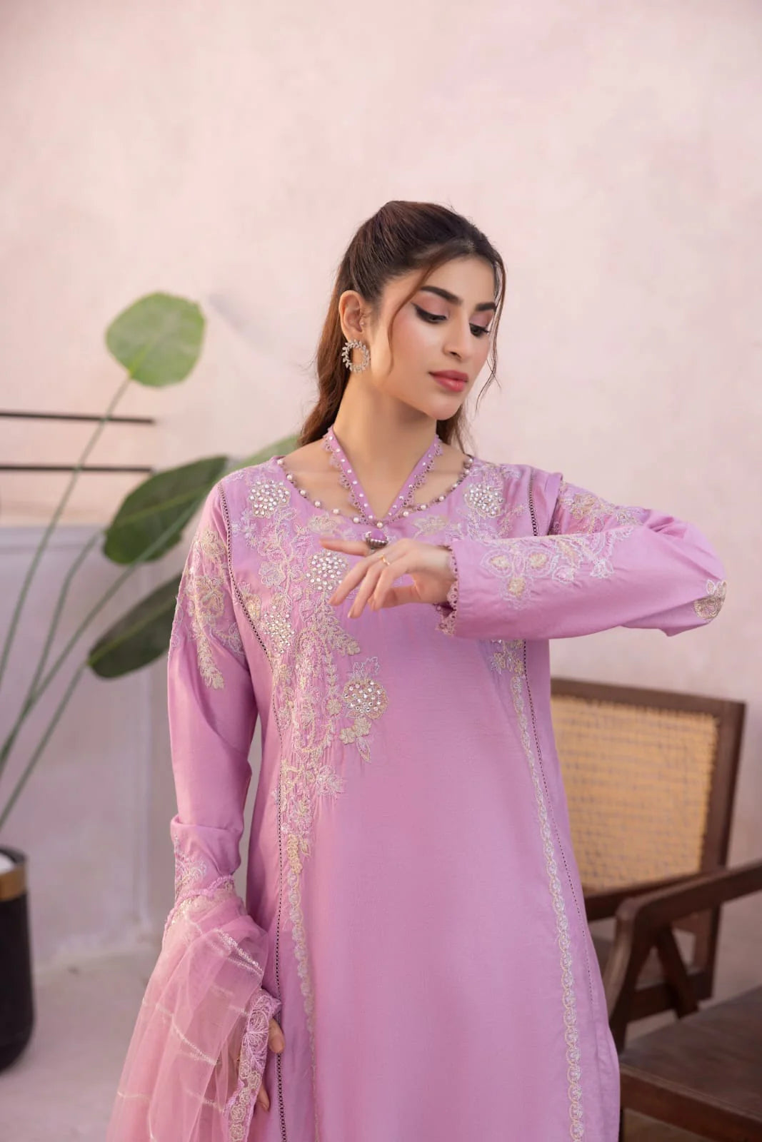 Nakoosh 3Pc Embroidered Kahddi Suit NF-6436 Lilac gulbuy.com