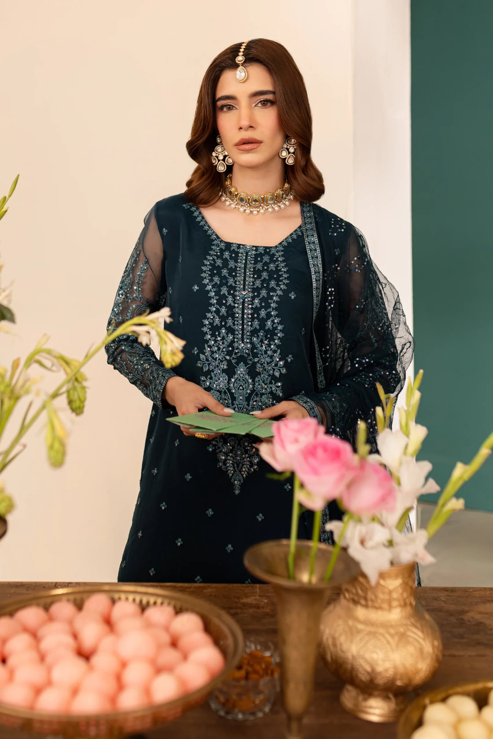 Batik 3Pc Embroidered Organza Suit Teal Tiffany gulbuy.com