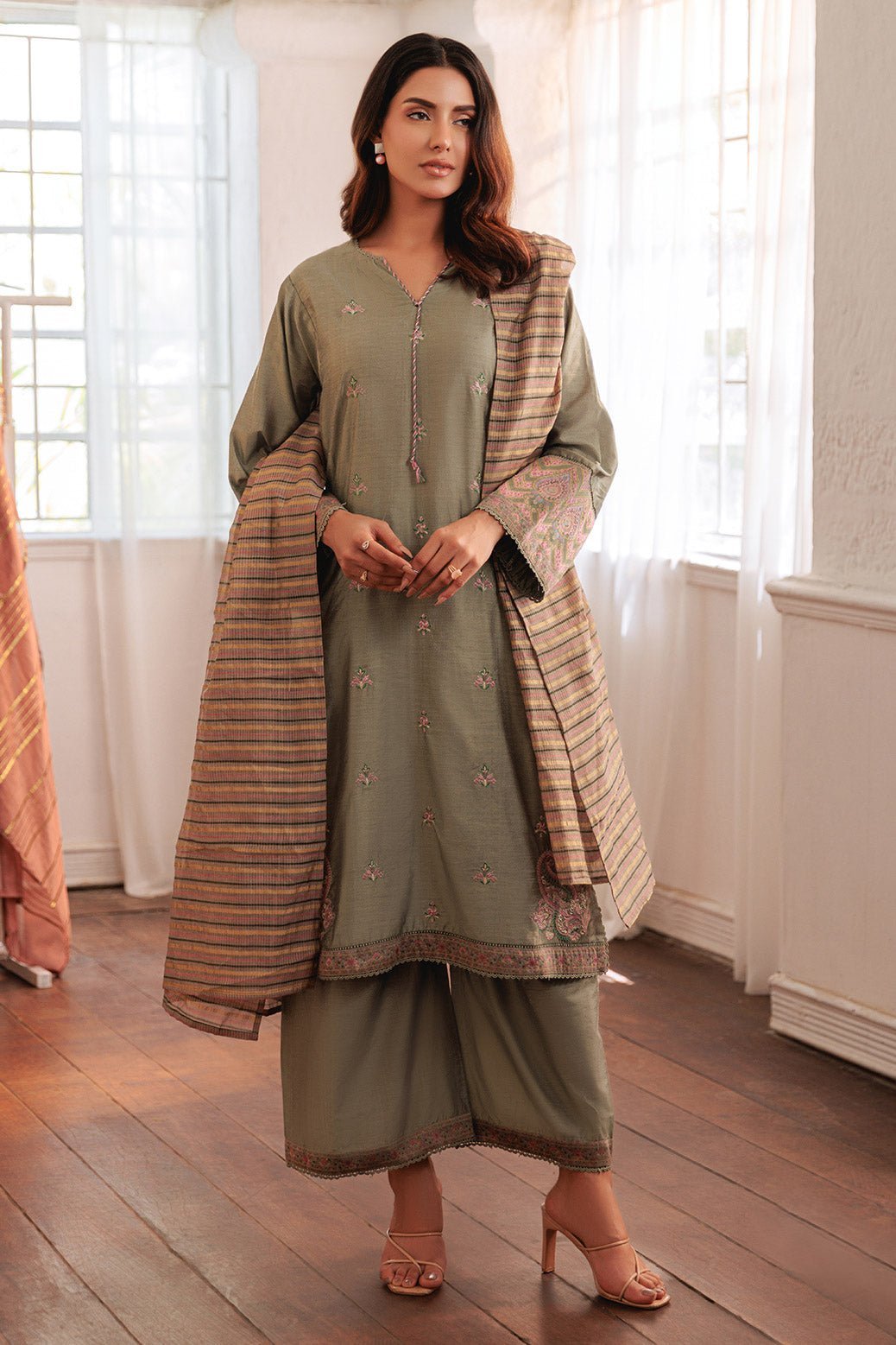 BONANZA SATRANGI 3PC EMBROIDERED RAW SILK SUIT (6S24C3P189)