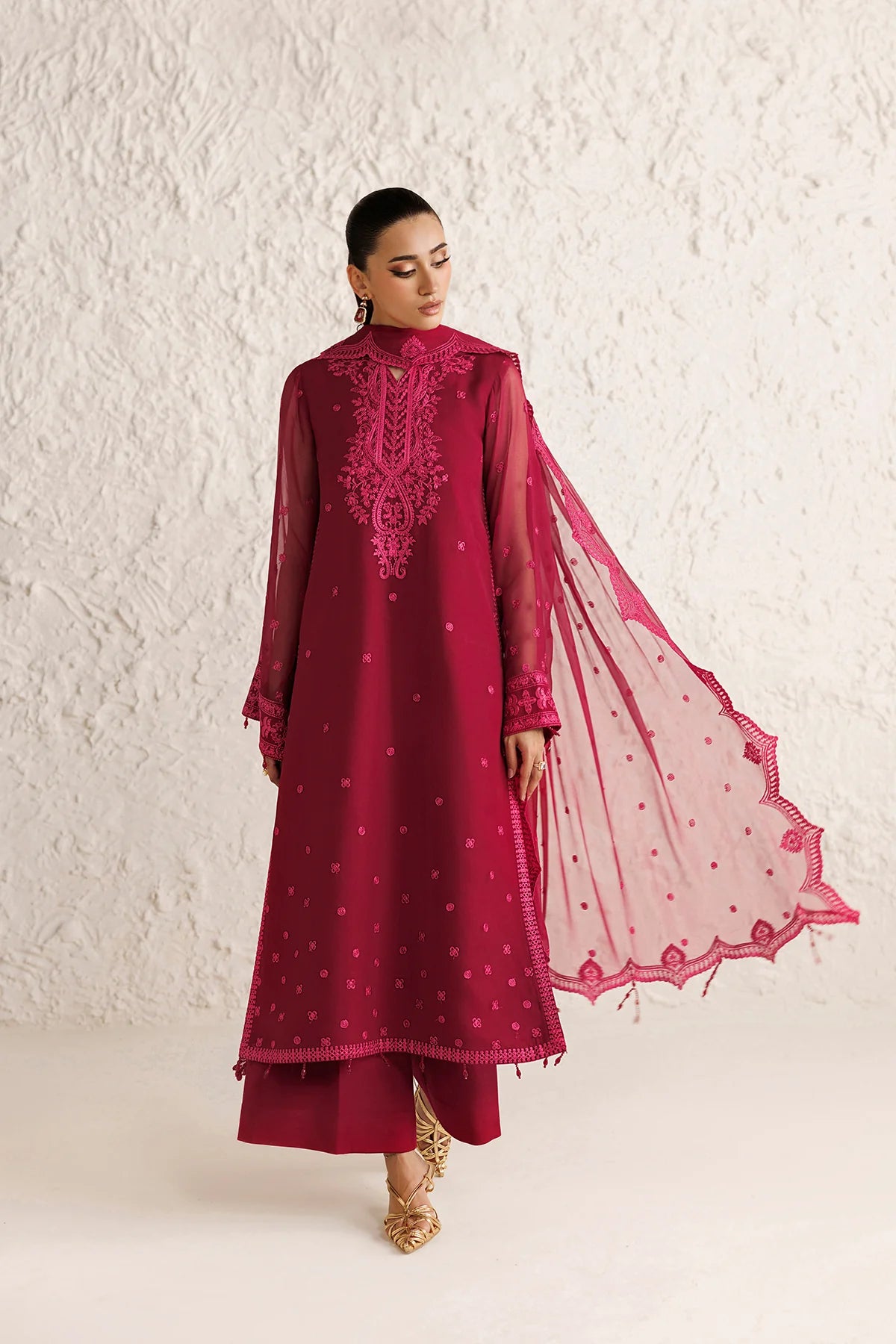 Farasha 3Pc Embroidered Chiffon Suit Petal Garnet