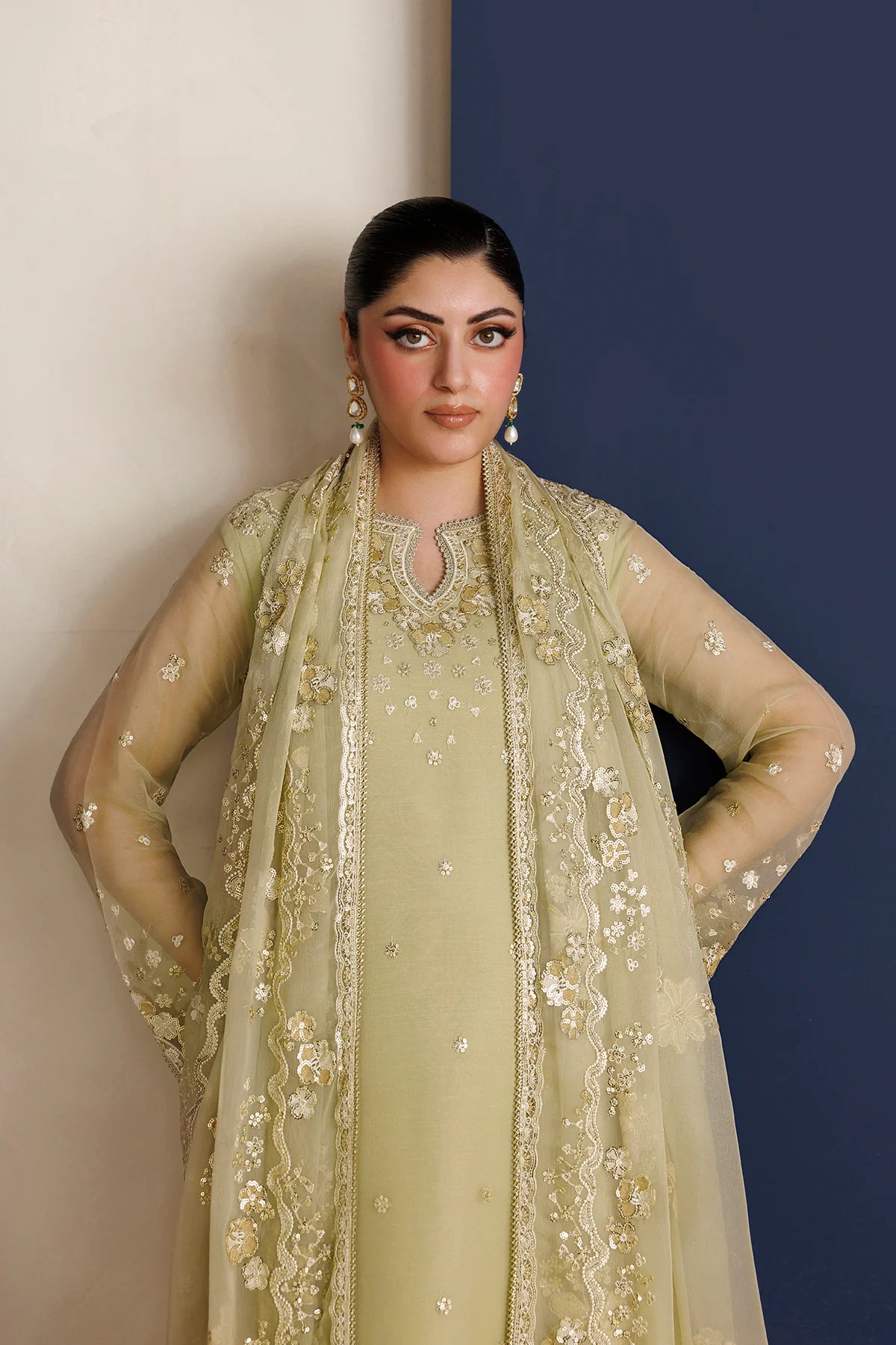 Farasha 3Pc Embroidered Chiffon Suit Mellow Gold