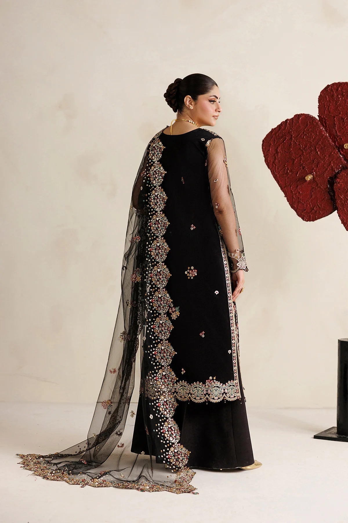 Farasha 3Pc Embroidered  Net Suit Black Vailour