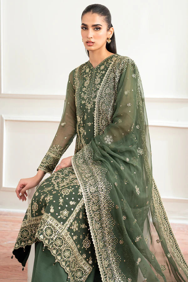 Farasha 3Pc Embroidered Chiffon Suit Muted Moss gulbuy.com