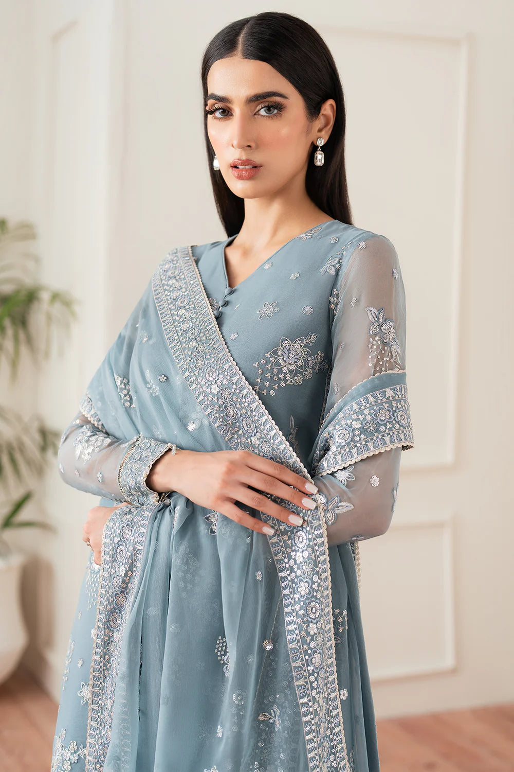 Farasha 3Pc Embroidered Chiffon Suit Aqua Bliss gulbuy.com