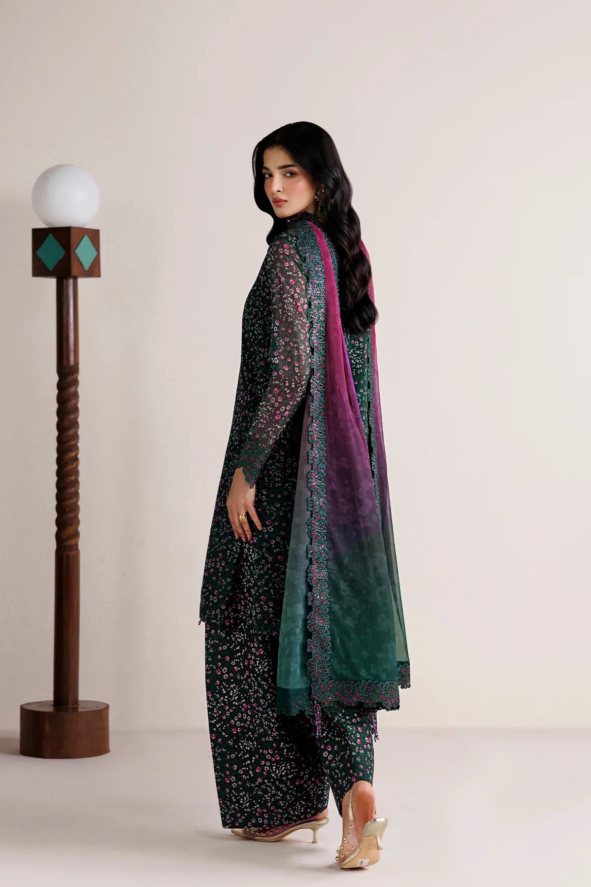 Farasha 3Pc Embroidered Chiffon Suit Viridian Tale
