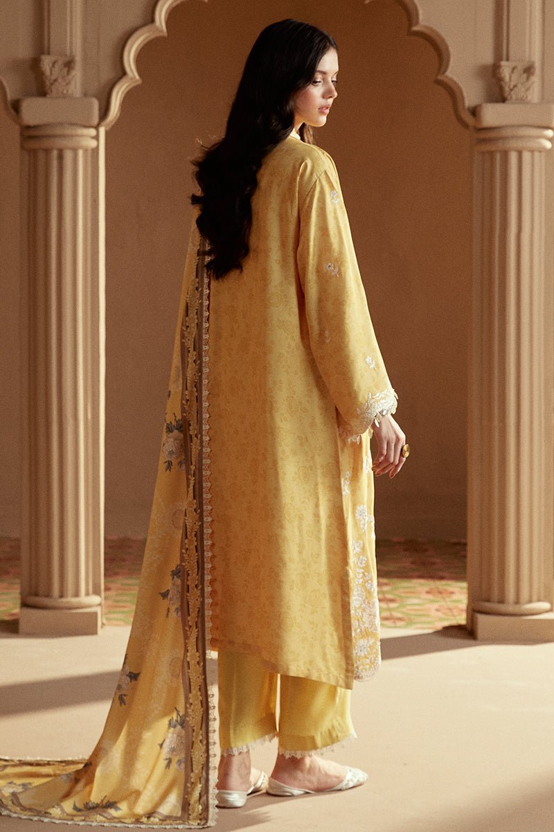 CROSS STITCH 3PC EMBROIDERED LINEN SUIT-OCHRE TINT gulbuy.com