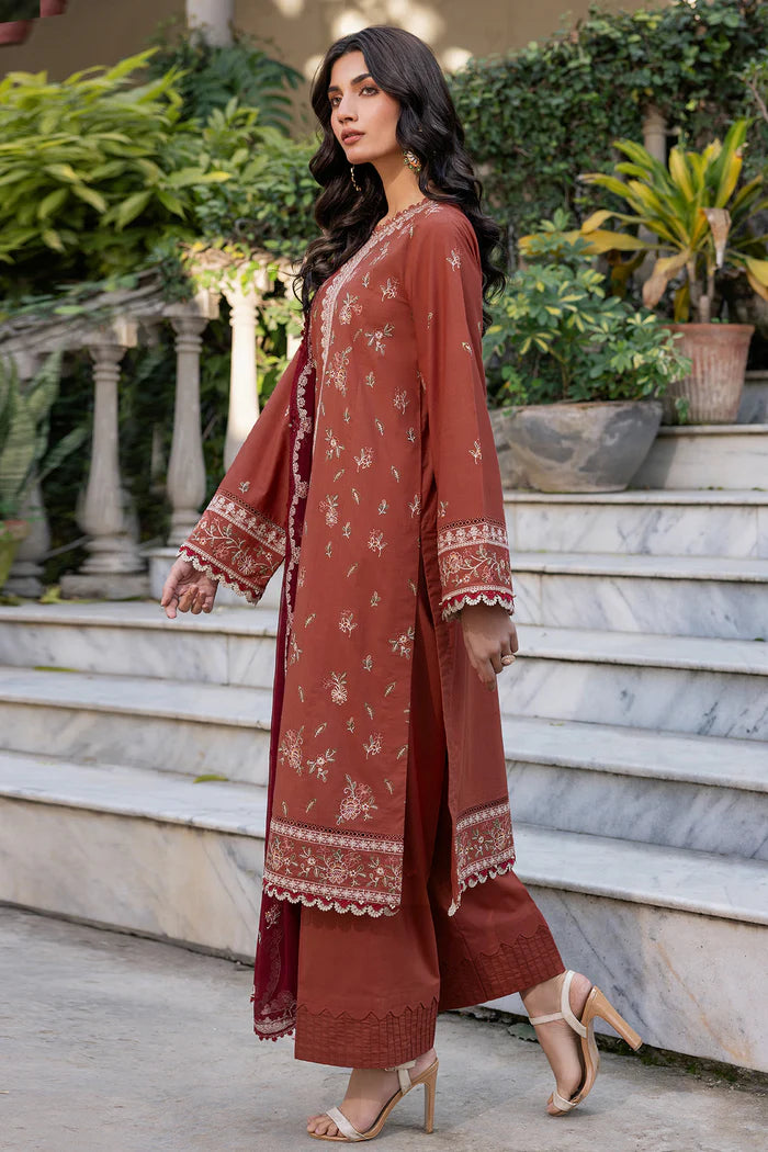 Farasha 3Pc Embroidered Lawn Suit Russet Dusk gulbuy.com