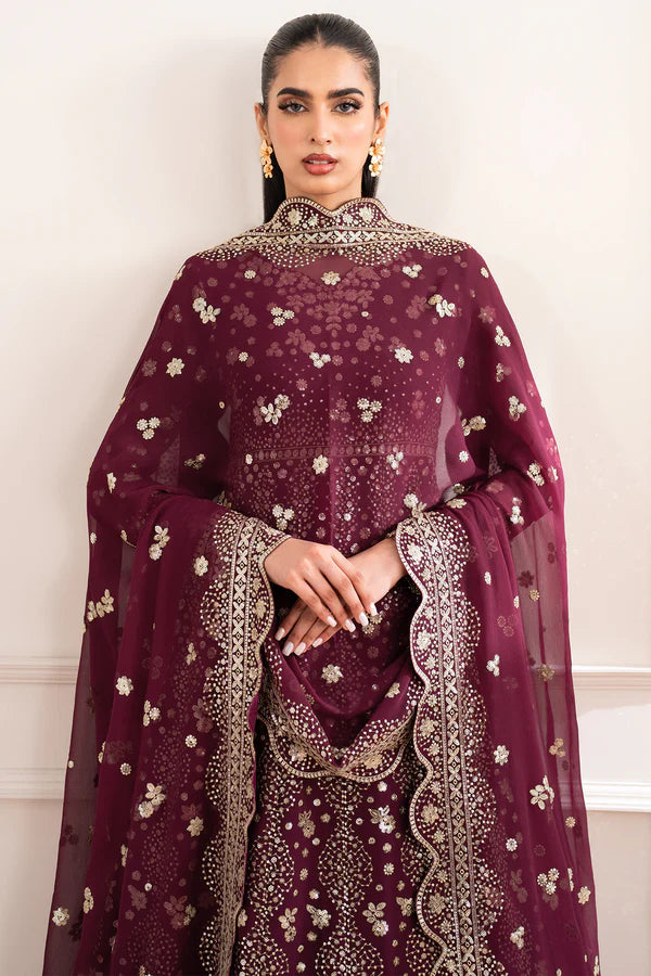 Farasha 3Pc Embroidered Chiffon Suit Maroon Empress gulbuy.com