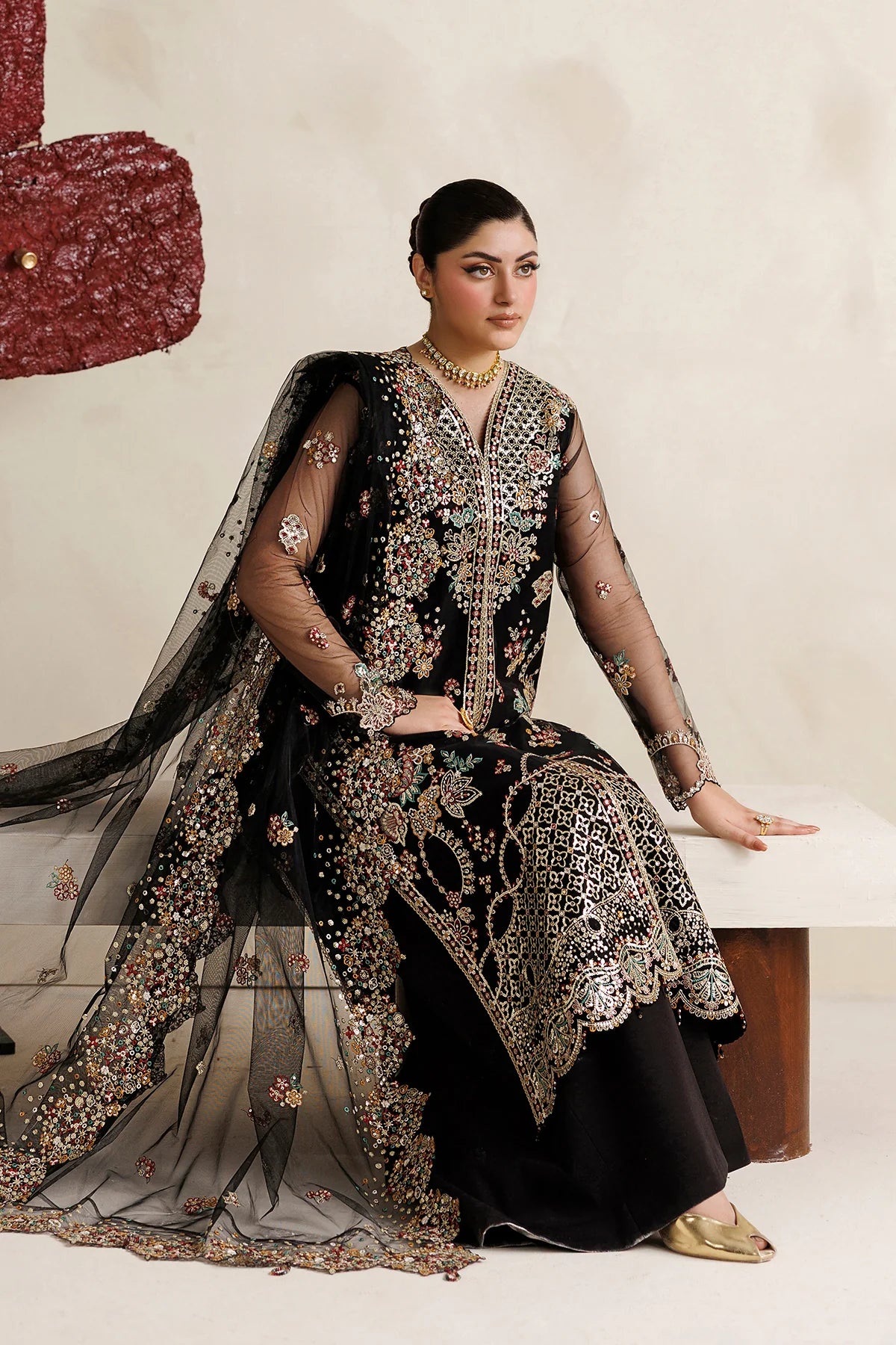 Farasha 3Pc Embroidered  Net Suit Black Vailour