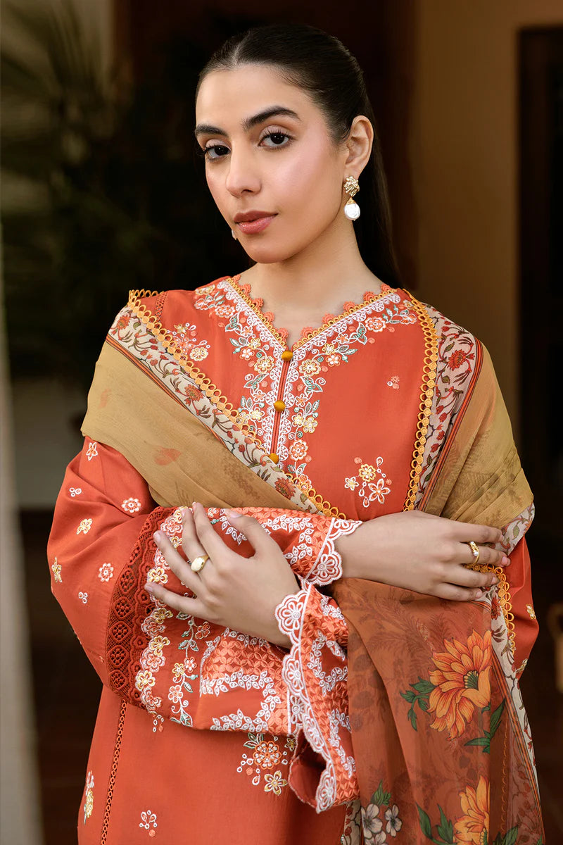Farasha 3Pc Embroidered Lawn Suit Orange Petal gulbuy.com
