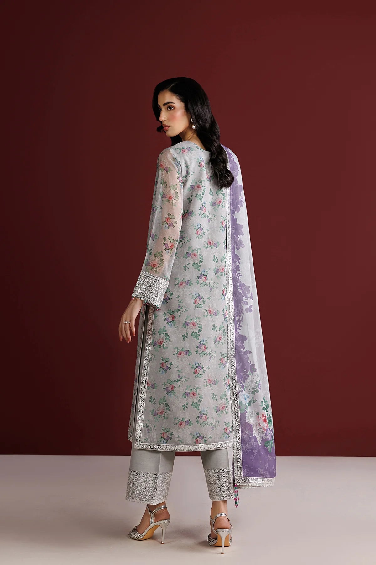 Farasha 3Pc Printed Chiffon Suit Grey Opal