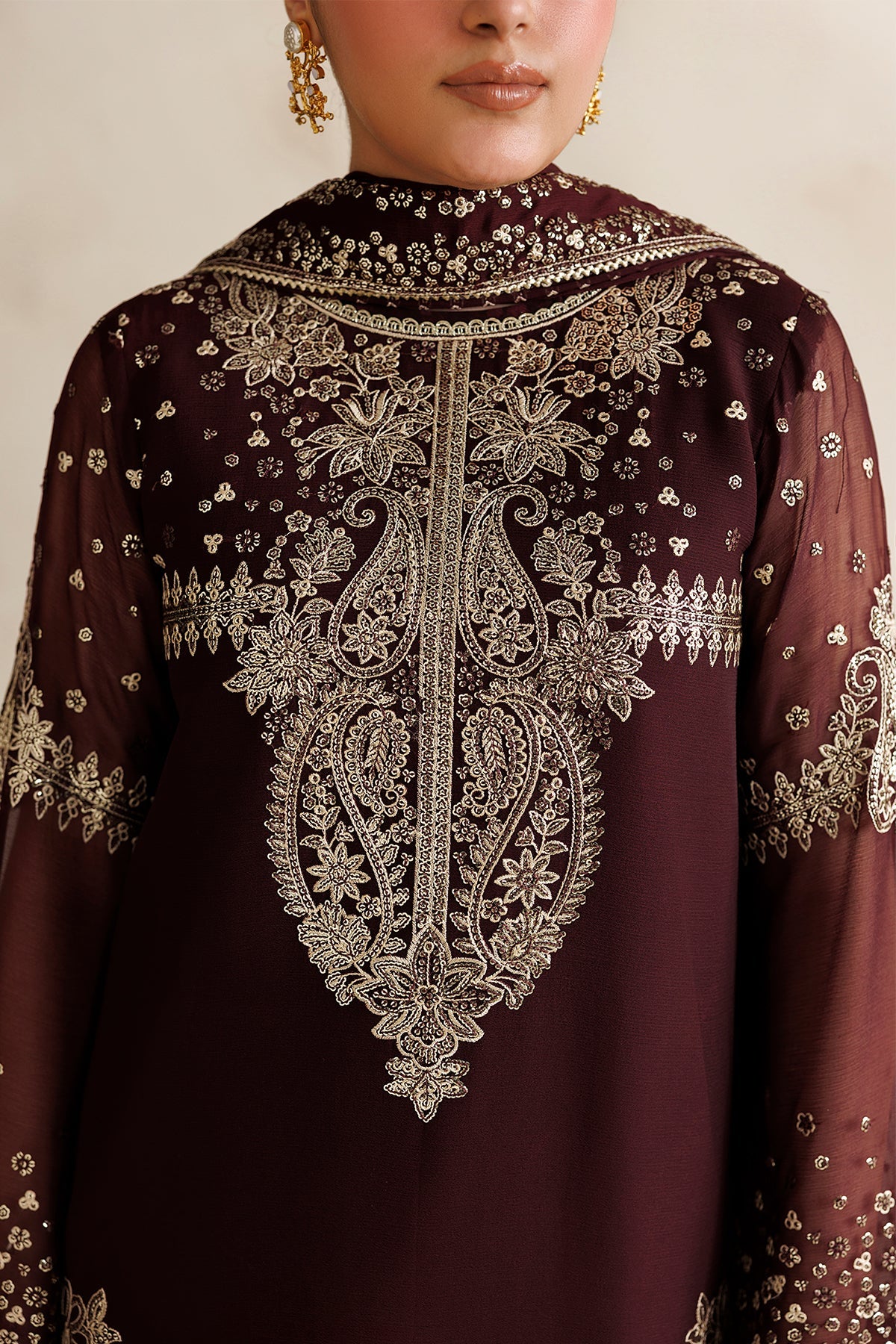 Farasha 3Pc Embroidered  Chiffon Suit Amber Muse