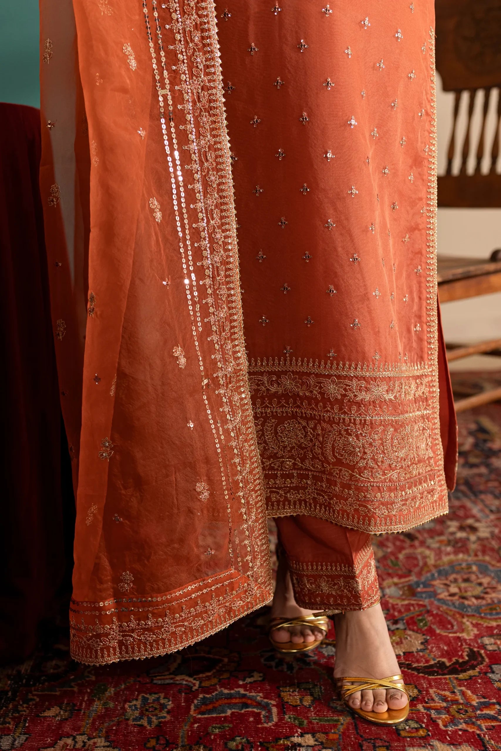 Batik 3Pc Embroidered Organza Suit Rust Gold gulbuy.com