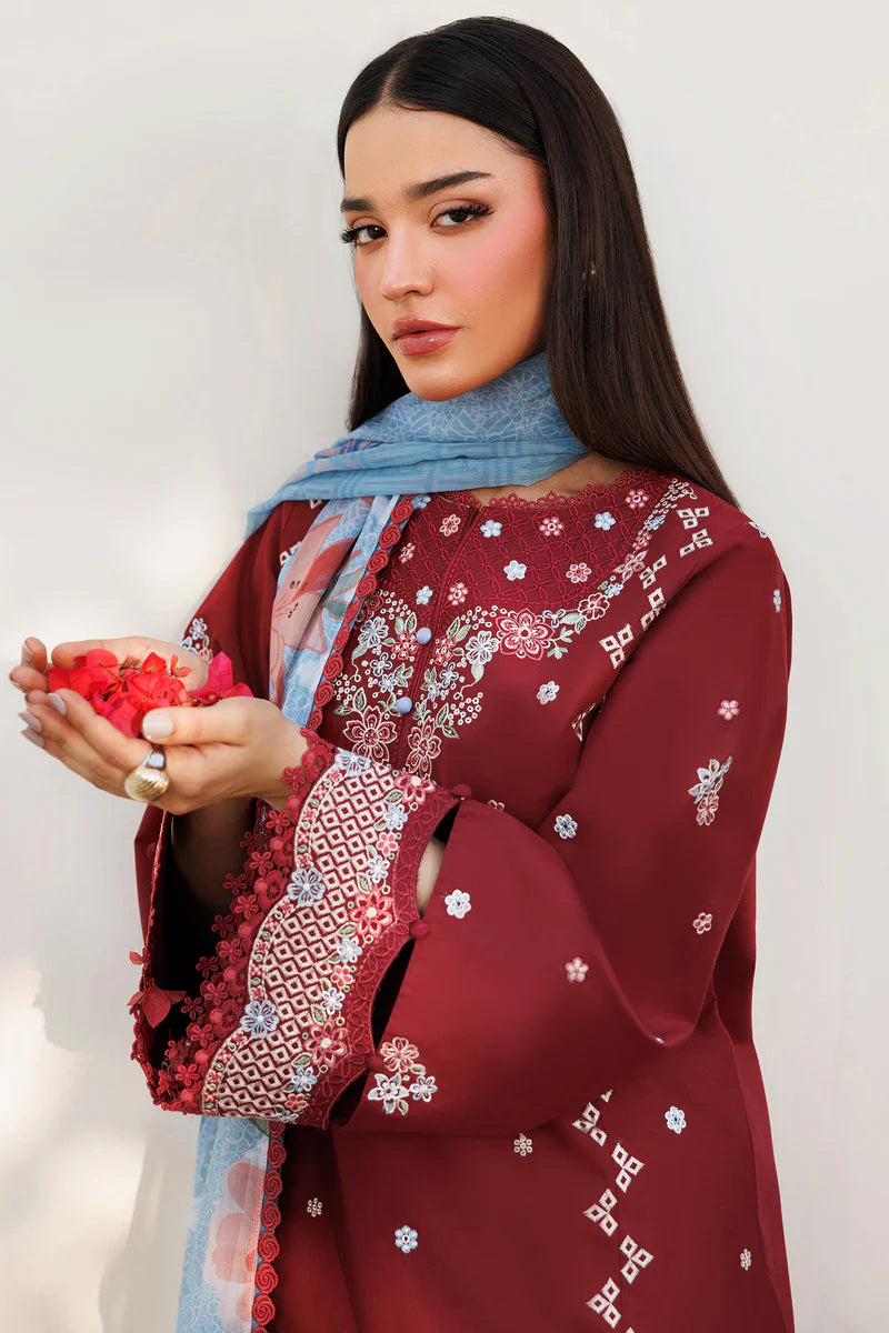 Farasha 3Pc Embroidered Lawn Suit Crimson Glow gulbuy.com