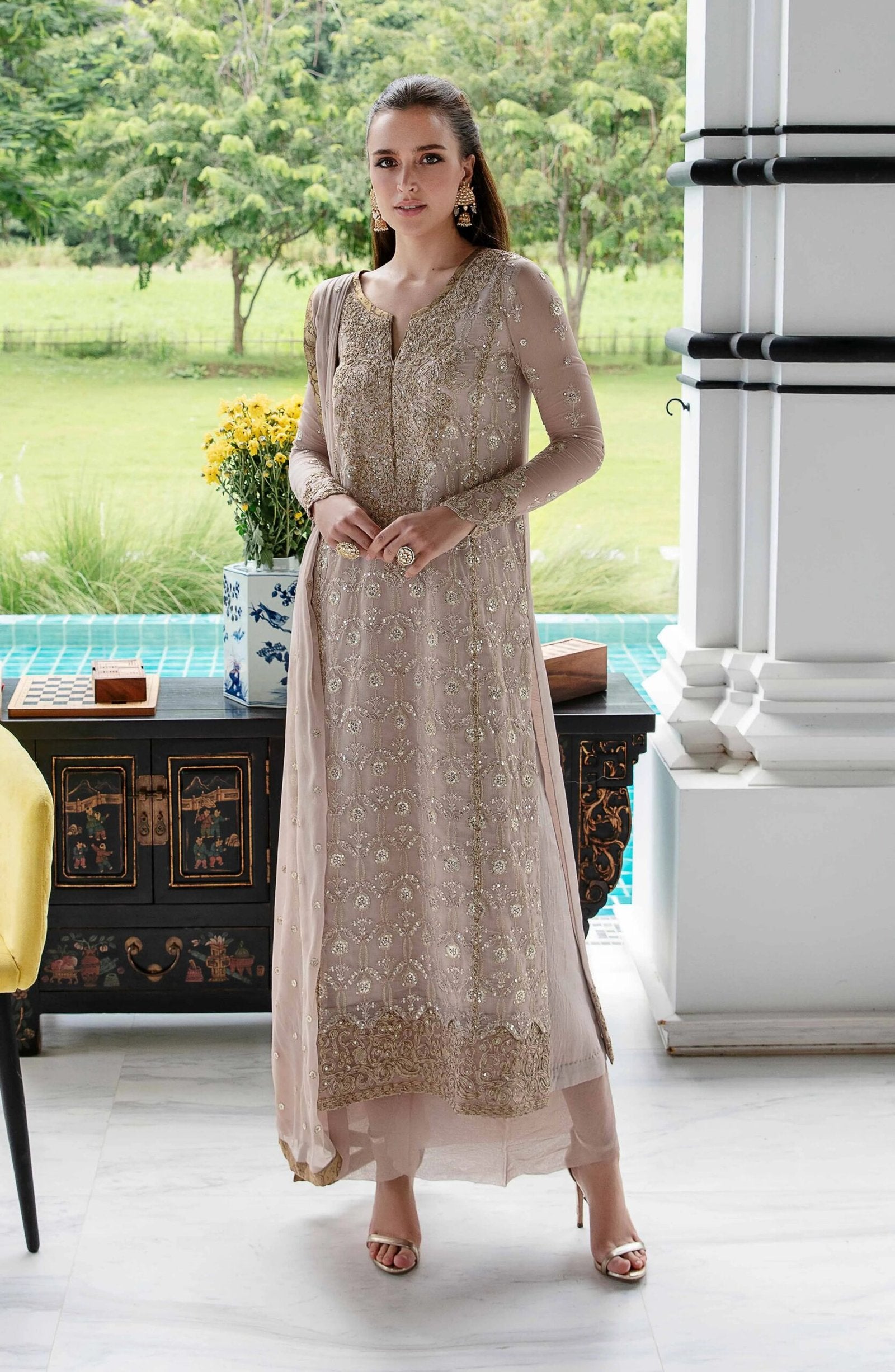 MARYUM &amp; MARIA 3PC EMBROIDERED CHIFFON SUIT (SHIRIN-FW23-502)