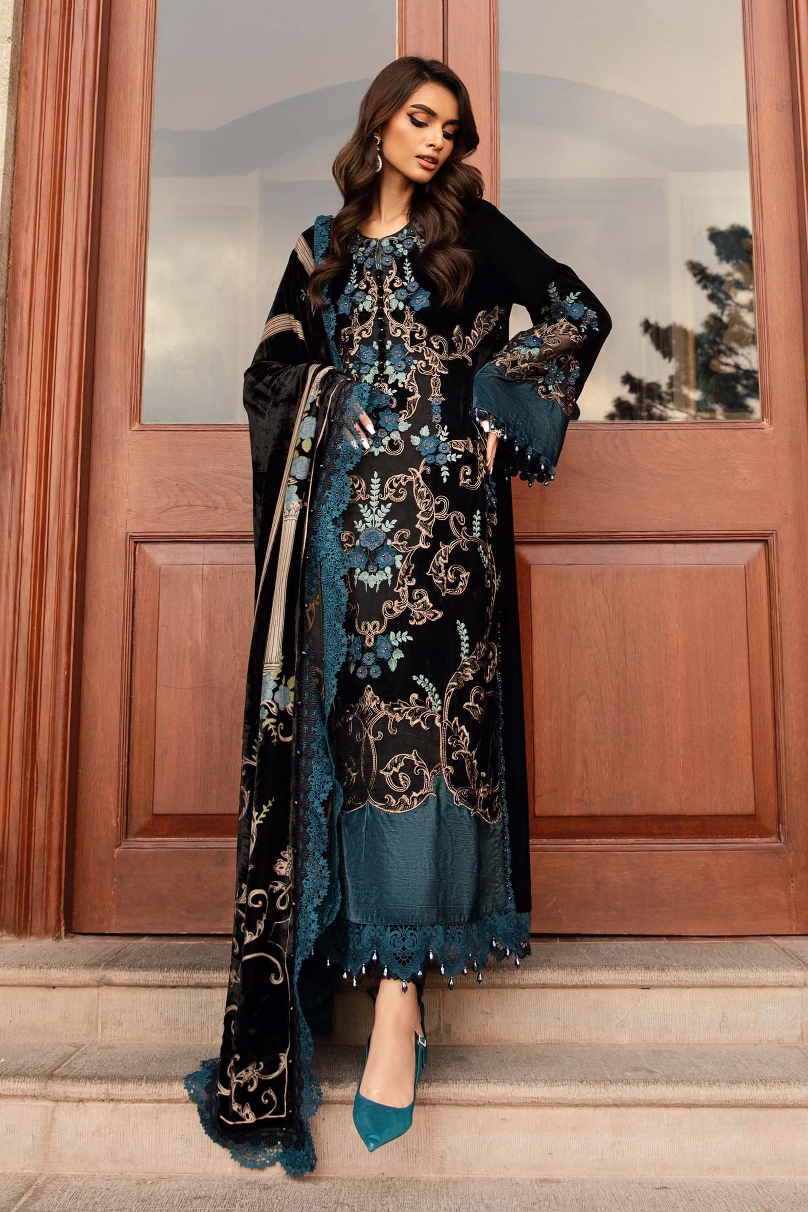 MARIA B 3Pc Embroidered Velvet Suit DL-1208 gulbuy.com