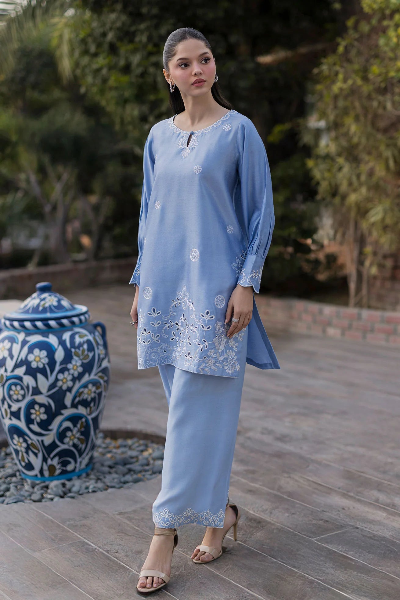 Dhanak 2Pc Embroidered Cotton Net Suit SS25DA-2767 SKY BLUE