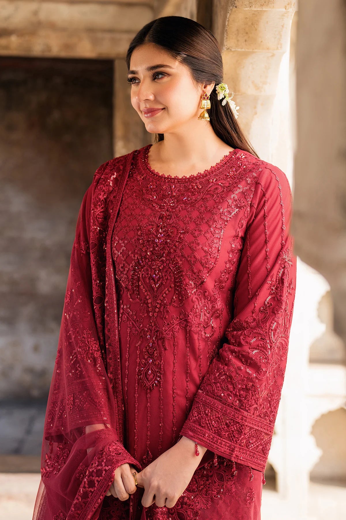 Imrozia 3Pc Embroidered Net Suit I 219 RUBY gulbuy.com