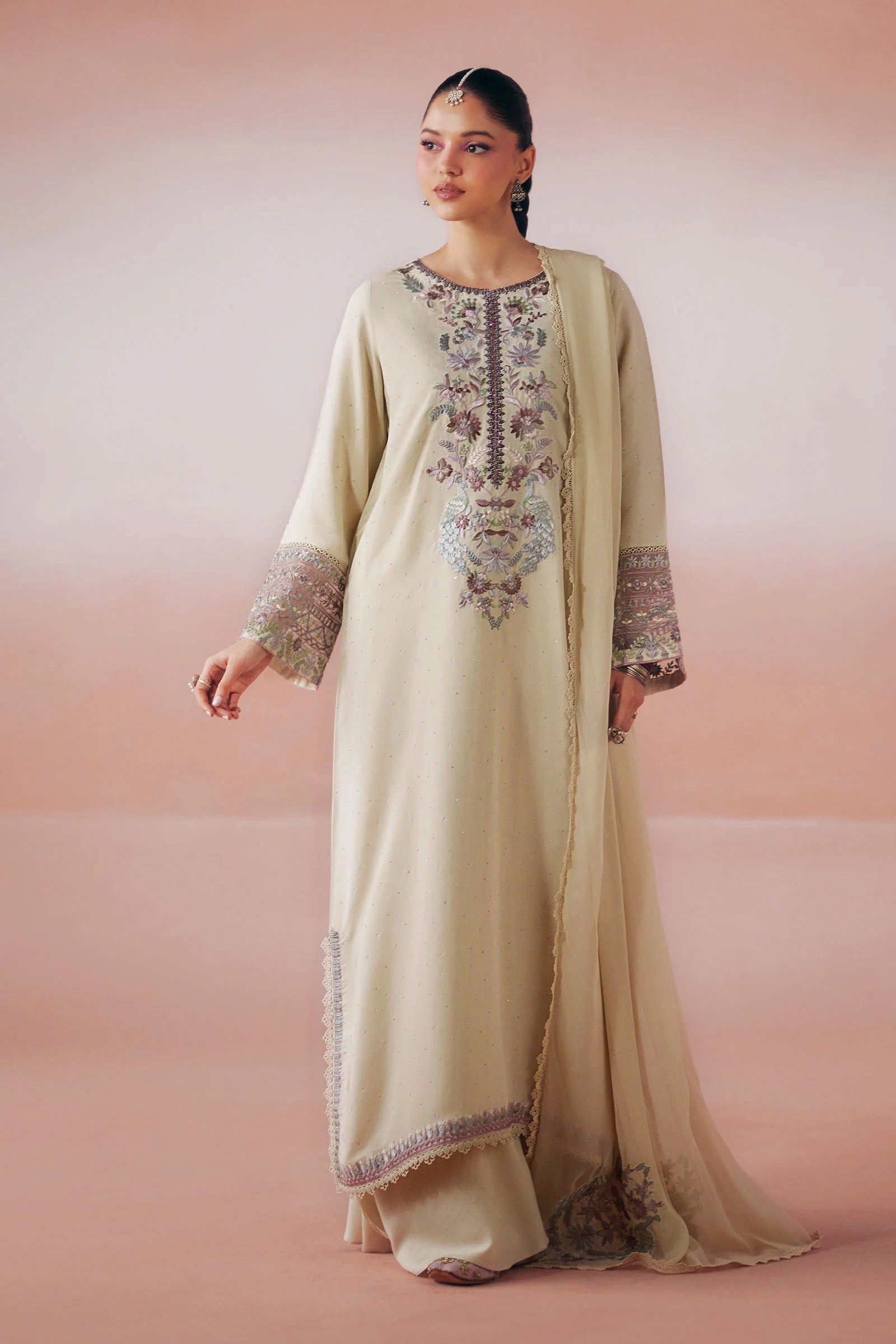 Maria B 3Pc Embroidered Raw Silk Suit DW-PF26-19-BEIGE