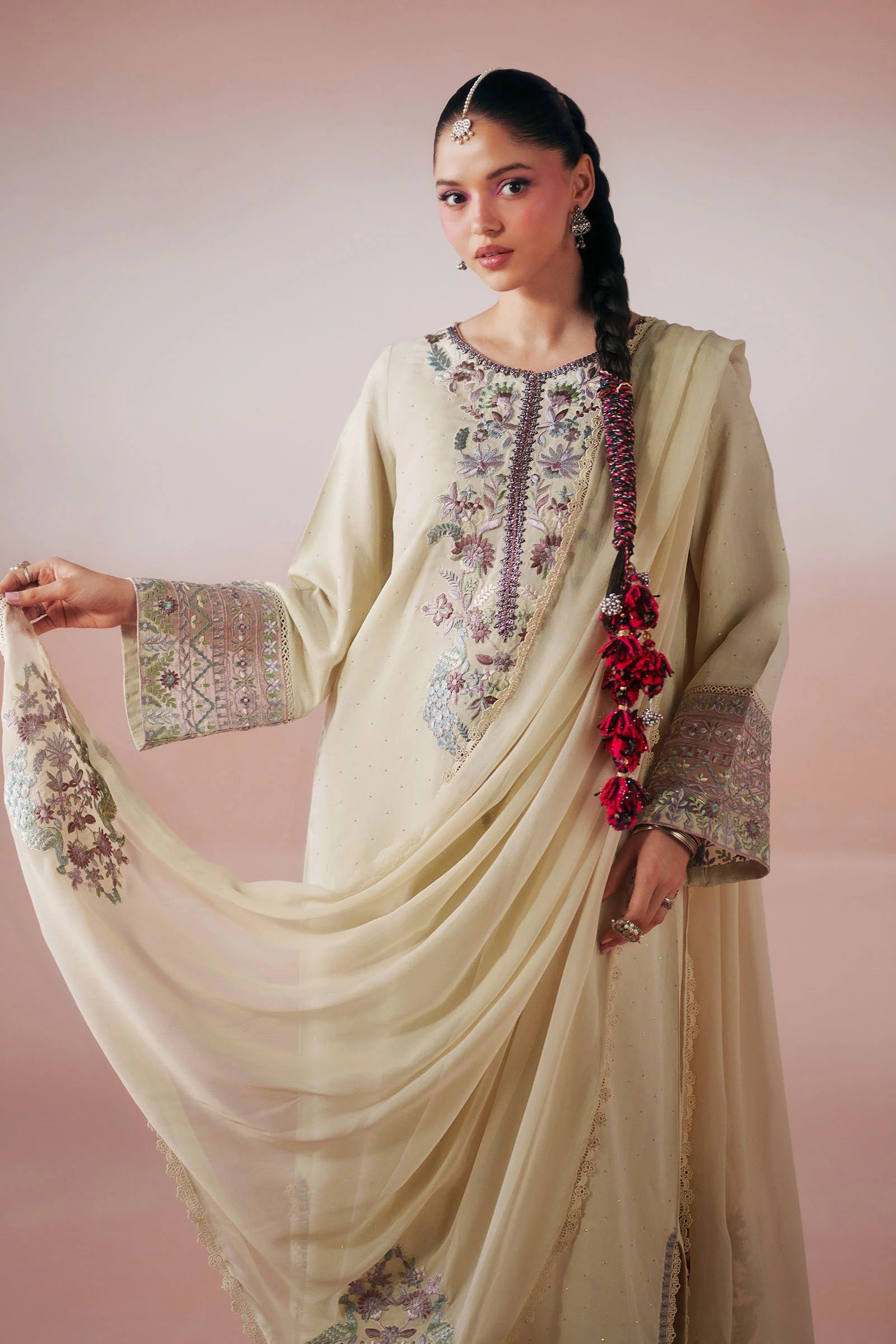 Maria B 3Pc Embroidered Raw Silk Suit DW-PF26-19-BEIGE