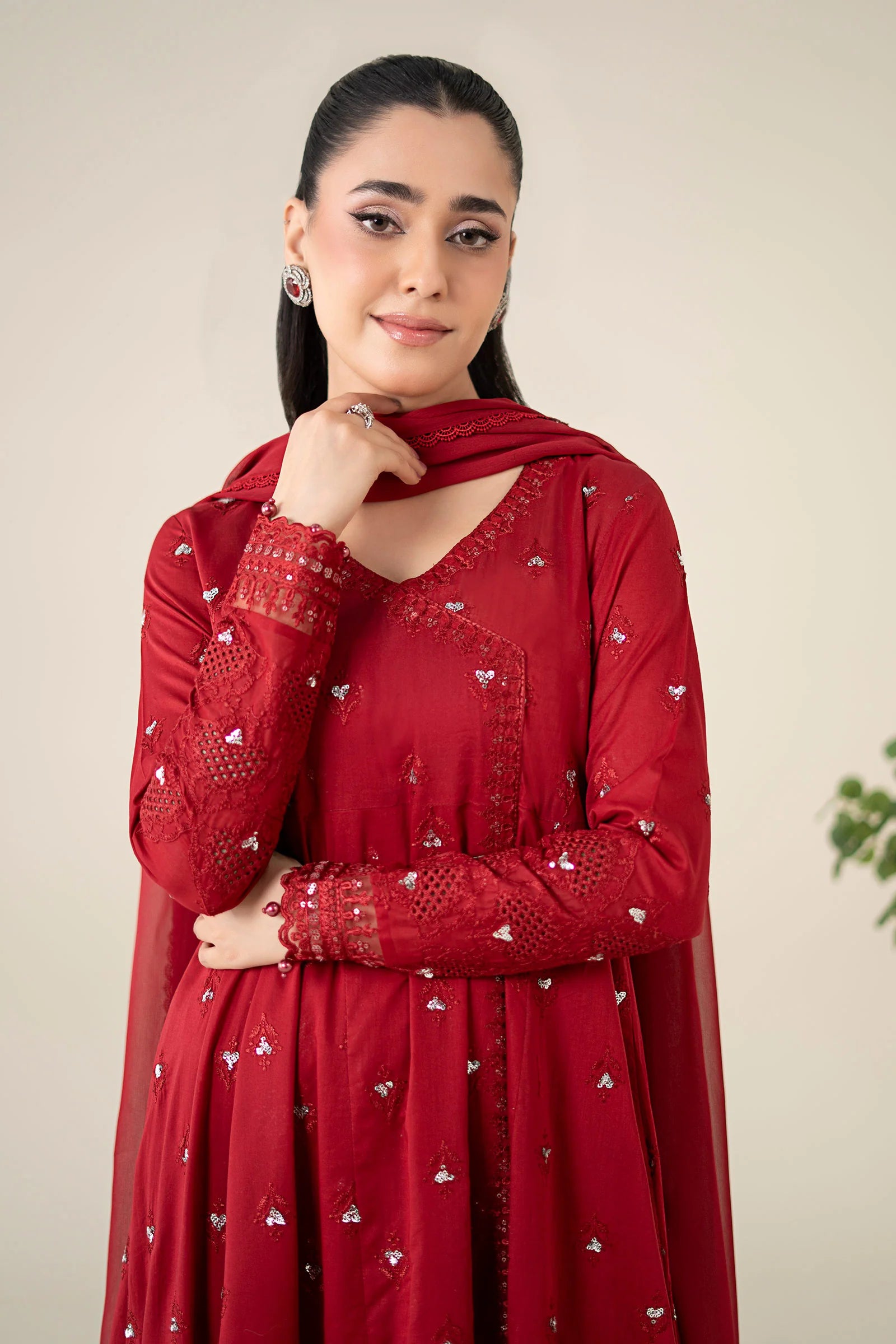 Maria B 3Pc Embroidered Lawn Suit DW-EA25-61 Red gulbuy.com
