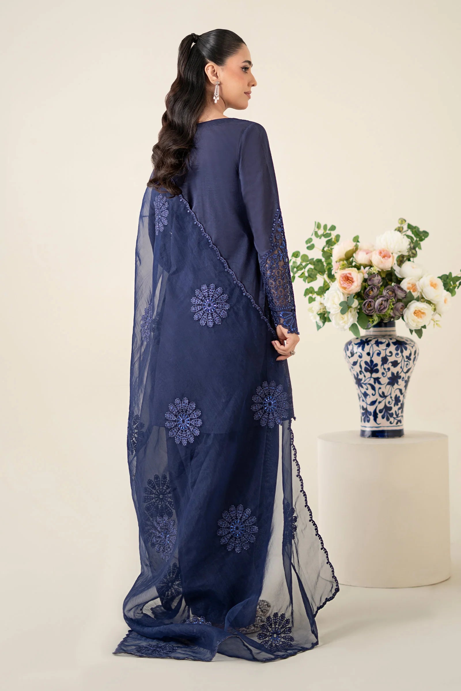Maria B 3Pc Embroidered Dobby Suit DW-EA25-68 Navy Blue gulbuy.com
