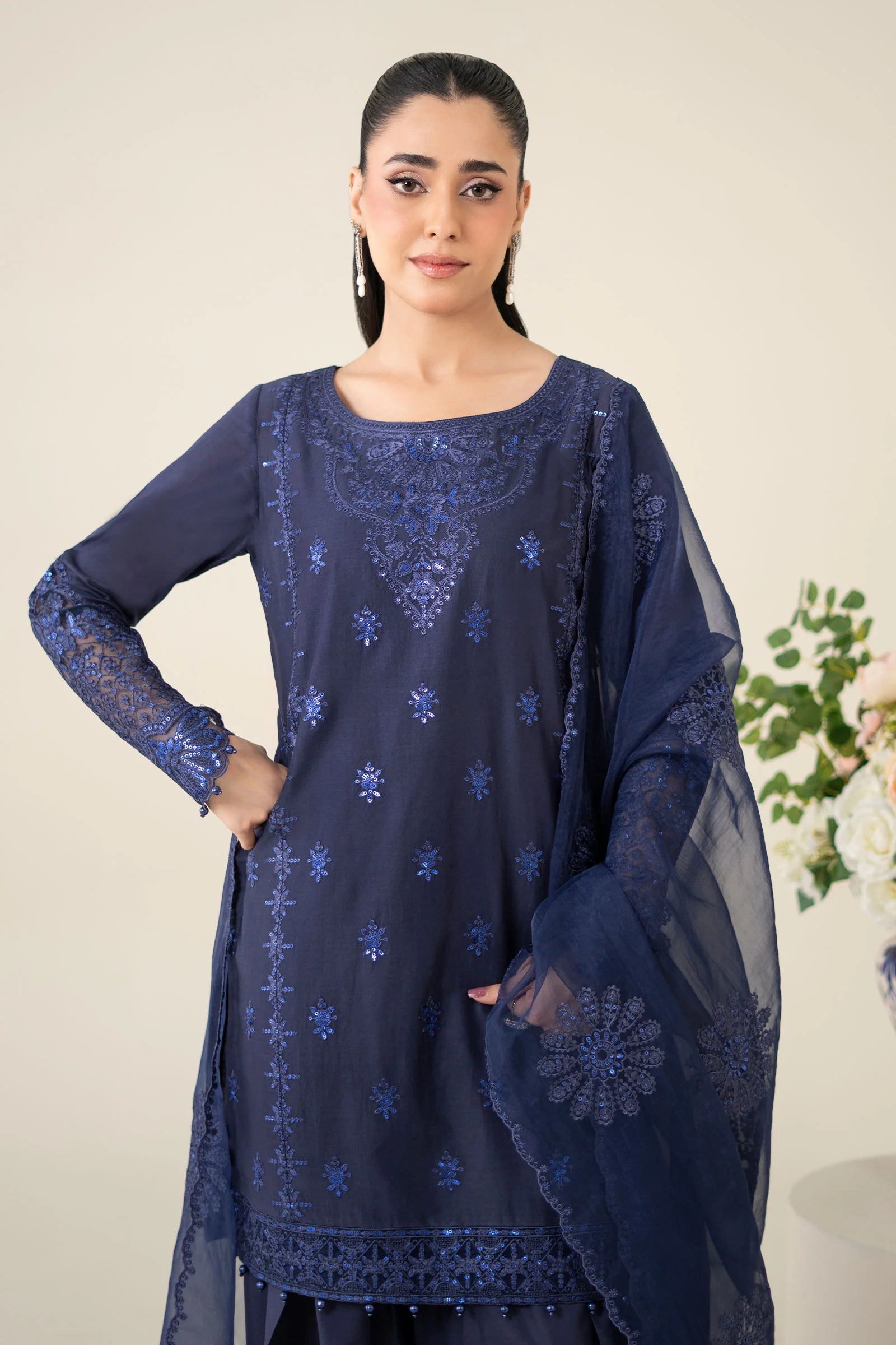 Maria B 3Pc Embroidered Dobby Suit DW-EA25-68 Navy Blue gulbuy.com