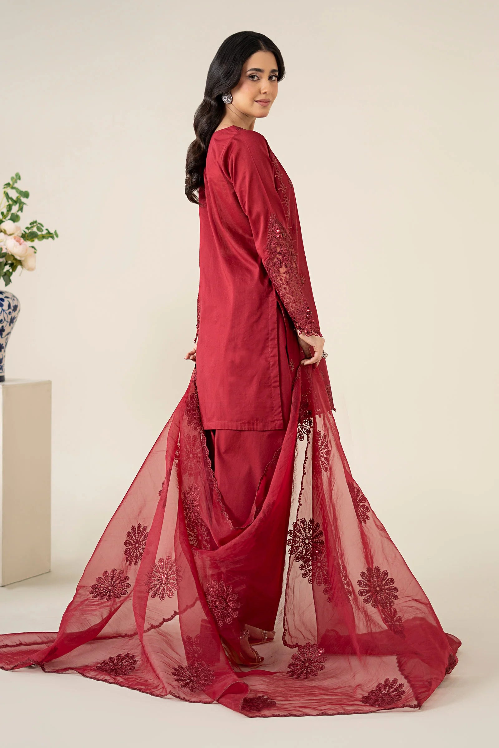 Maria B 3Pc Embroidered Dobby Suit DW-EA25-68 Maroon gulbuy.com
