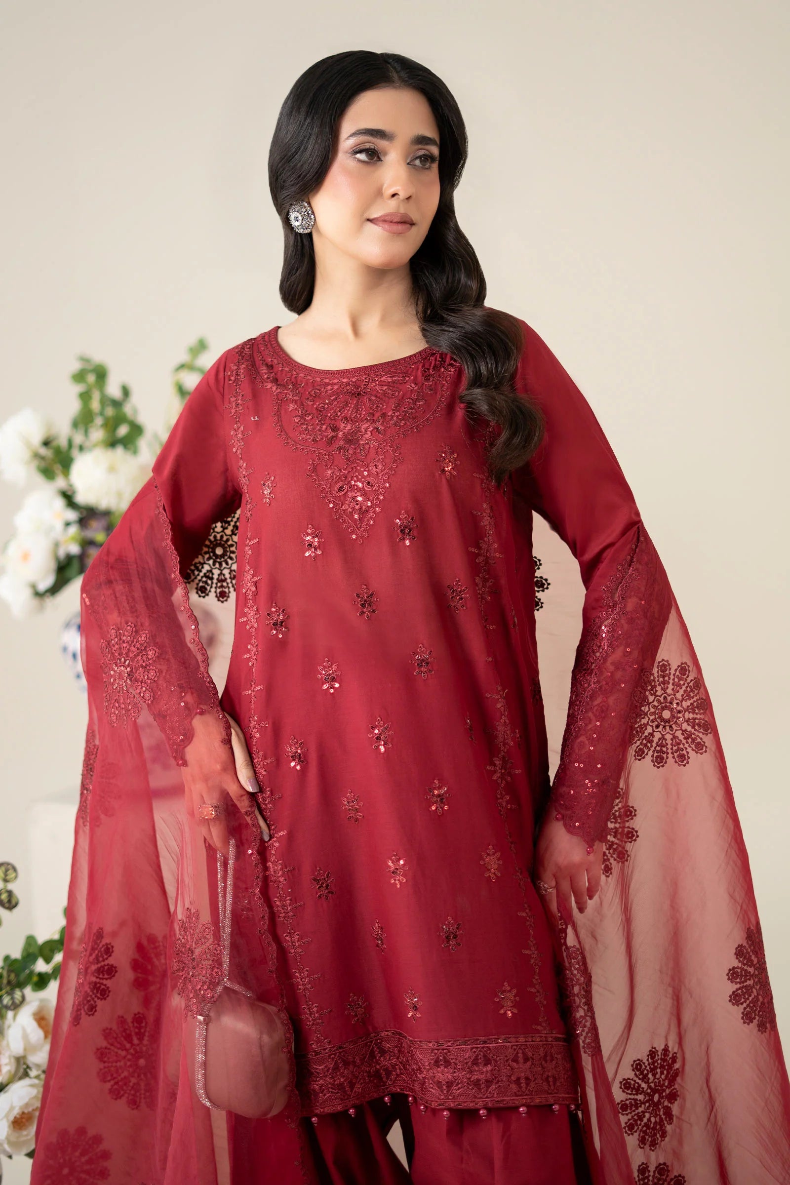 Maria B 3Pc Embroidered Dobby Suit DW-EA25-68 Maroon gulbuy.com