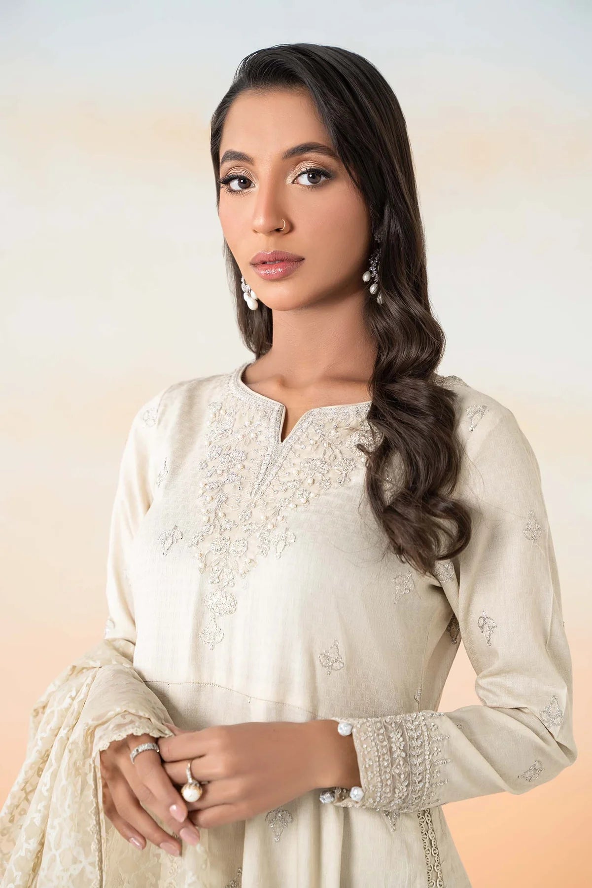 Maria B 3Pc Embroidered Lawn Suit DW-EF25-30 Beige gulbuy.com