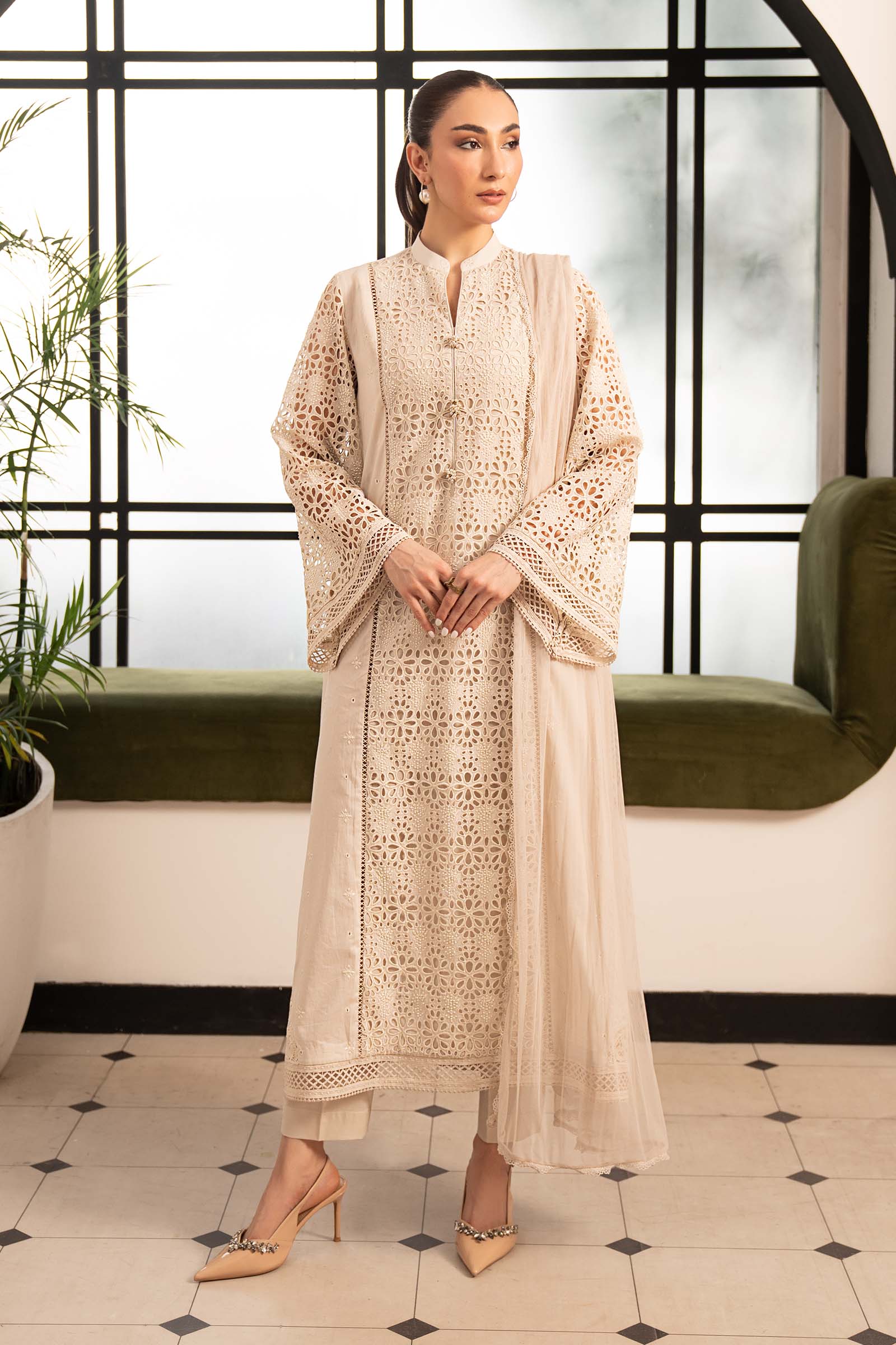Maria B 3Pc Embroidered Lawn Suit DW-PF26-18-BEIGE