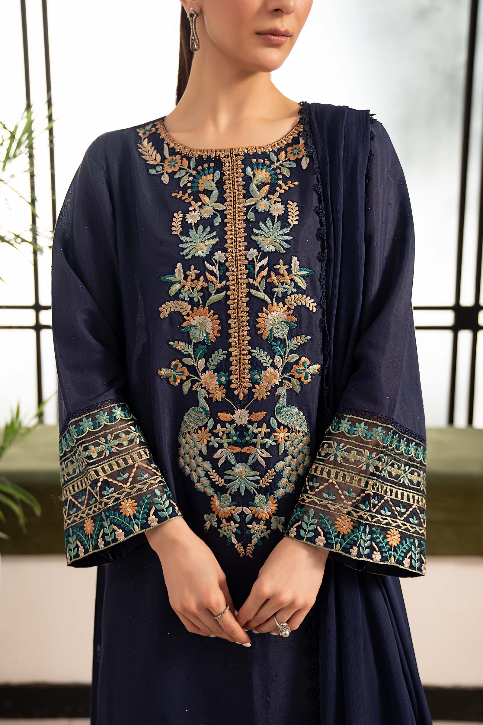 Maria B 3Pc Embroidered Raw Silk Suit DW-PF26-19-Blue
