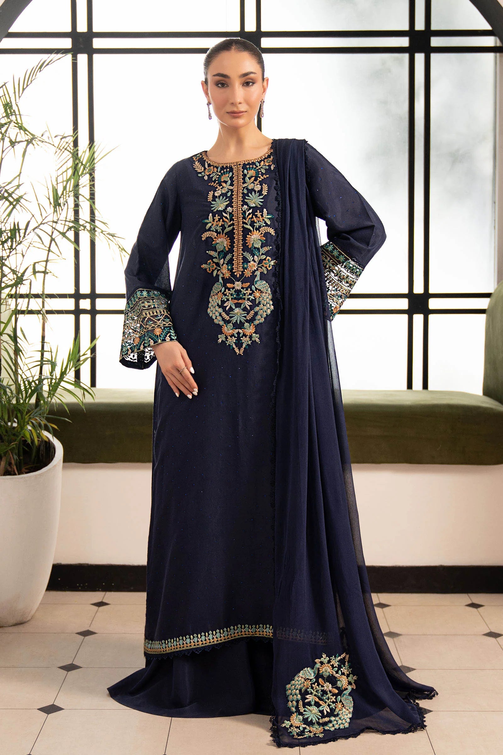 Maria B 3Pc Embroidered Raw Silk Suit DW-PF26-19-Blue