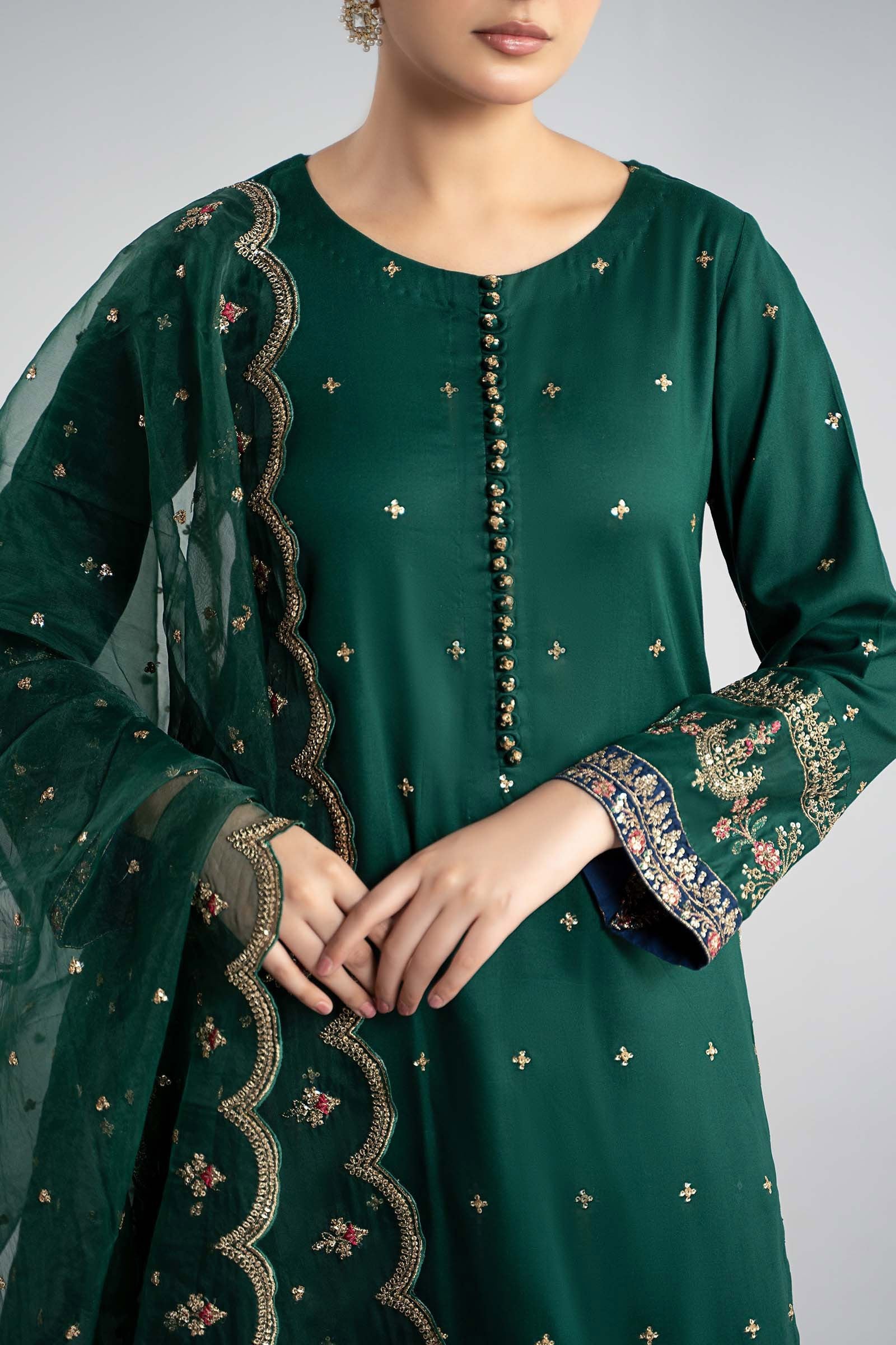 Maria B 3Pc Embroidered Linen Suit DW-W25-27-Green gulbuy.com