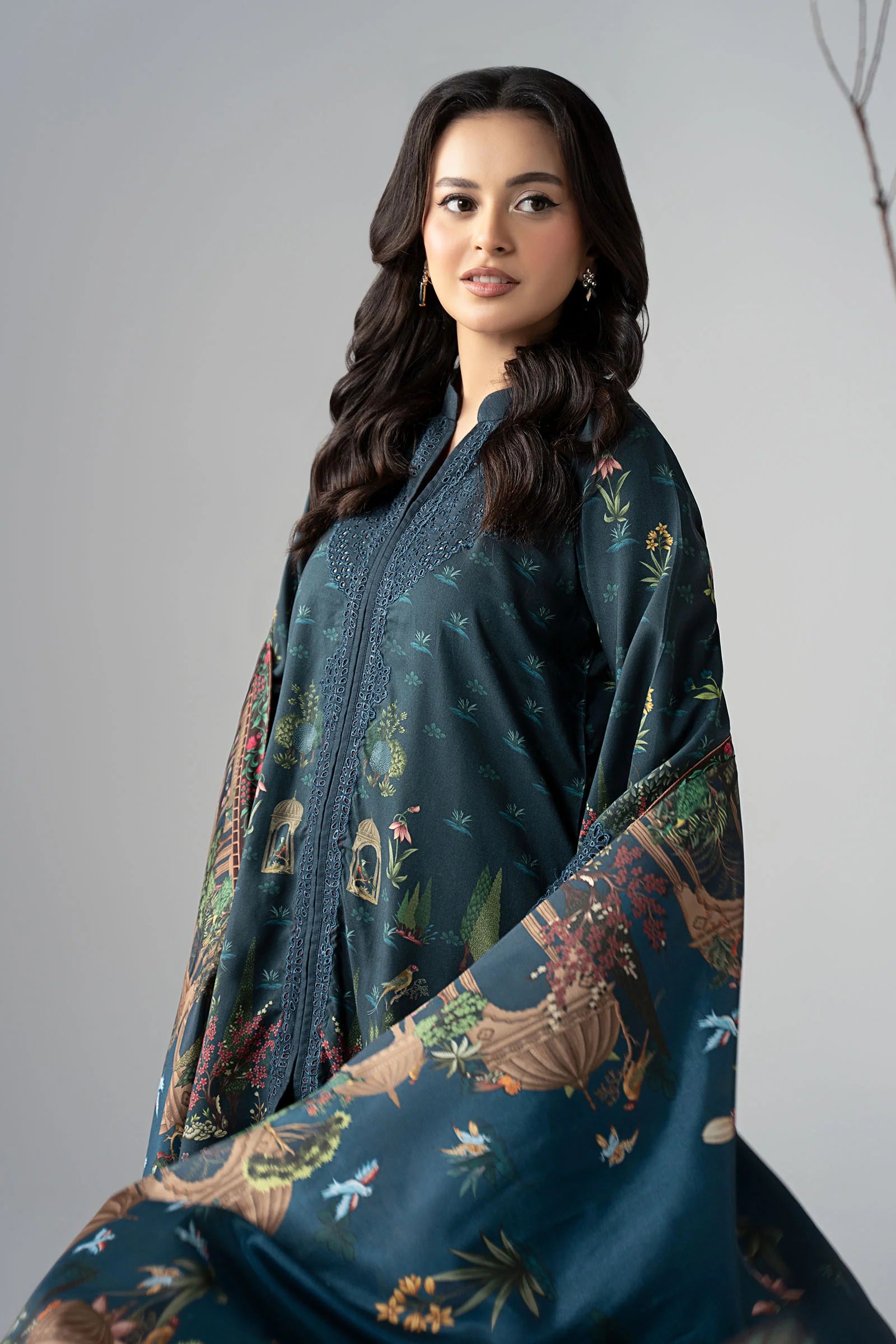 Maria B 3Pc Embroidered Linen Suit DW-W25-59-Teal gulbuy.com