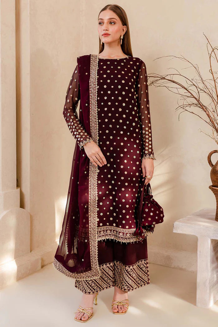 Farasha 3Pc Embroidered Chiffon Suit Mulberry Glaze