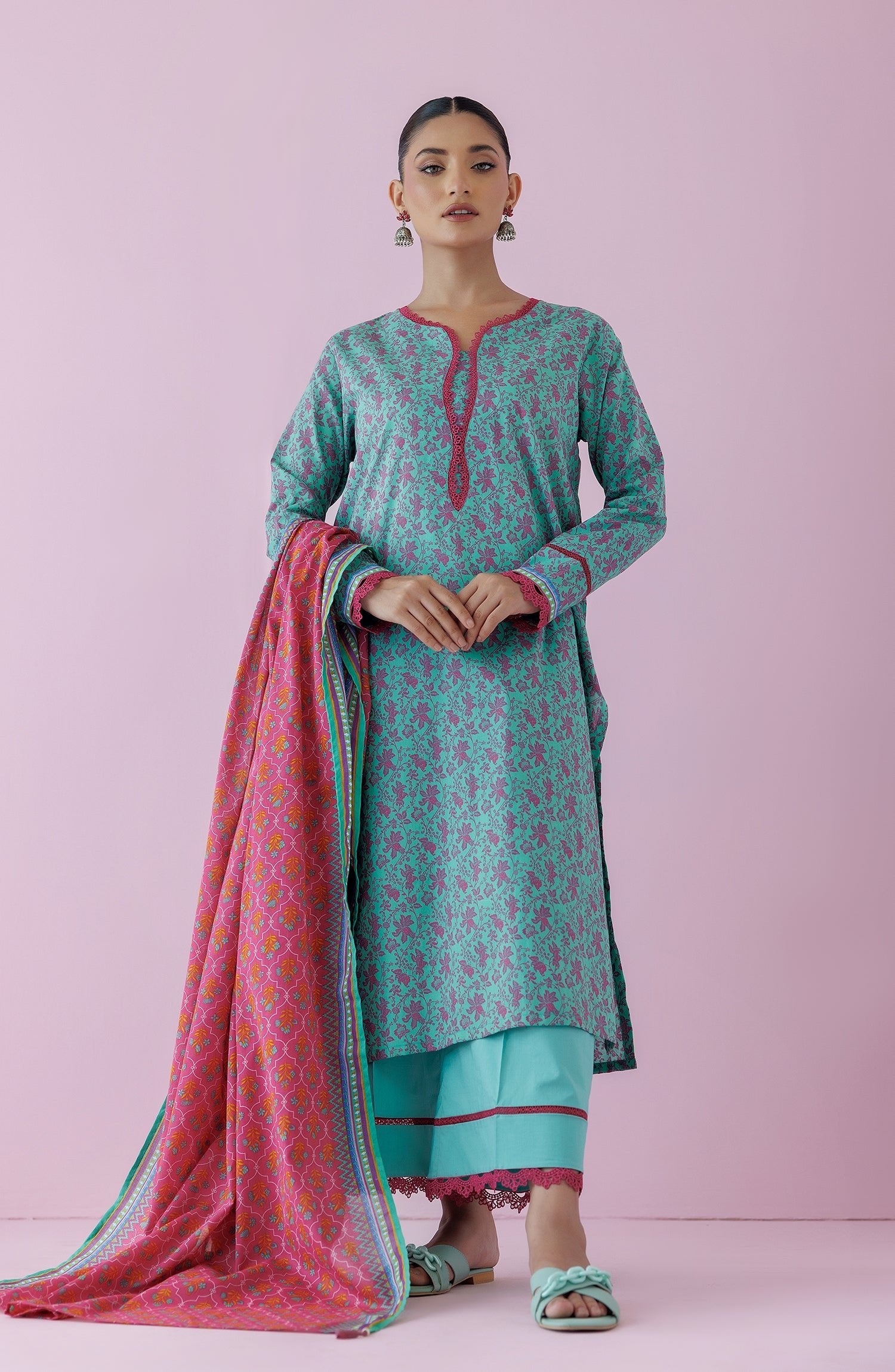 Orient 3 Piece Printed Lawn Suit (OTL-24-349/U-GREEN)