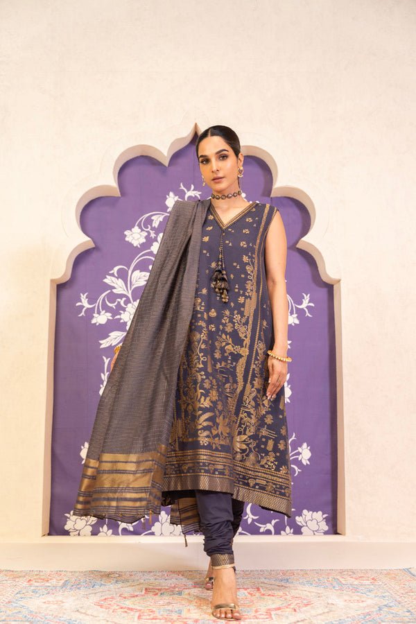 Alkaramstudio 3Pc Jacquard Cambric Suit (JC-10-24-2-Dark-Purple)