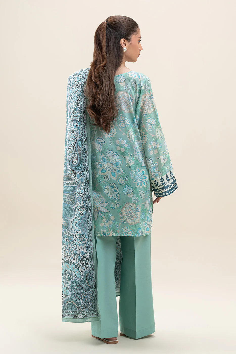 Beechtree 3Pc Printed Lawn Suit TURQUOISE NOISE gulbuy.com