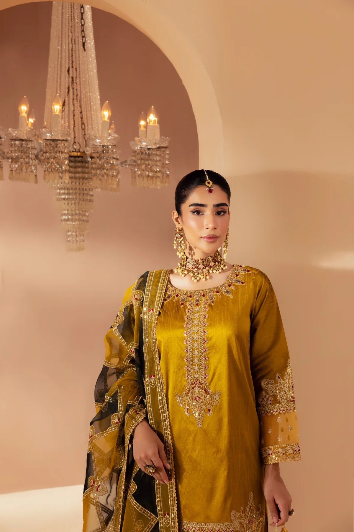 Mohagni 3Pc Embroidered Raw Slik Suit MGS-25 Yellow gulbuy.com