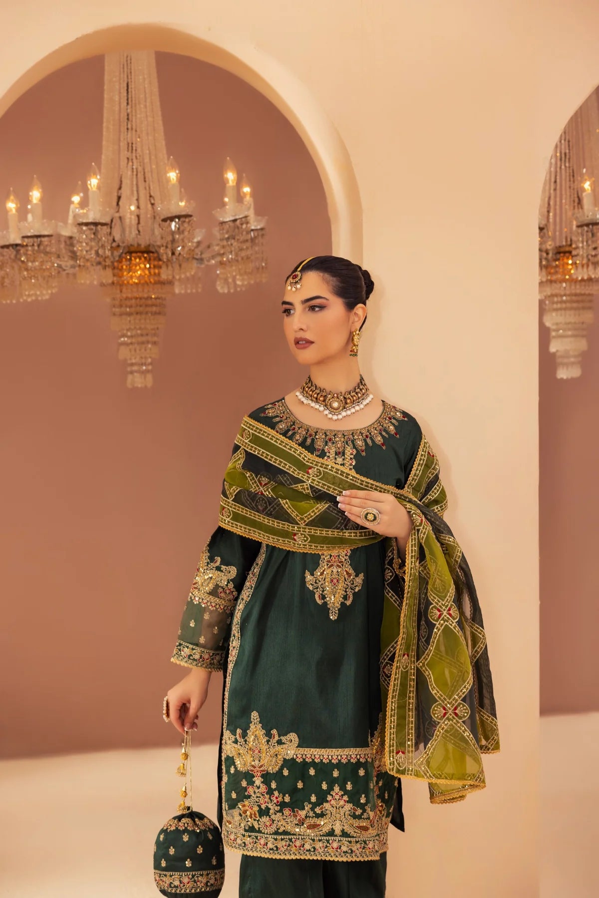 Mohagni 3Pc Embroidered Raw Slik Suit MGG-105 Green gulbuy.com