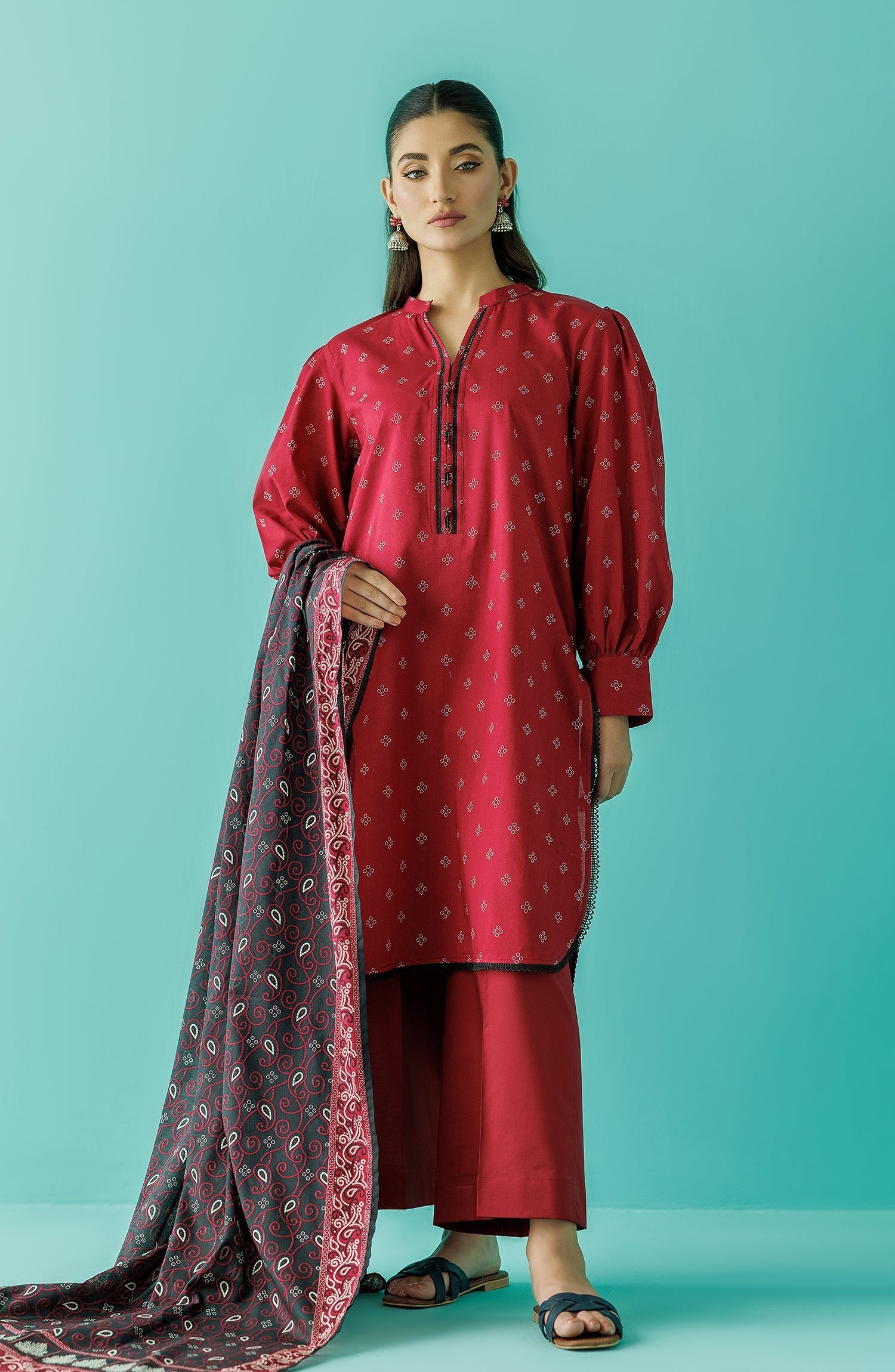 Orient 3 Piece Printed Lawn Suit (OTL-24-054/U-RED)