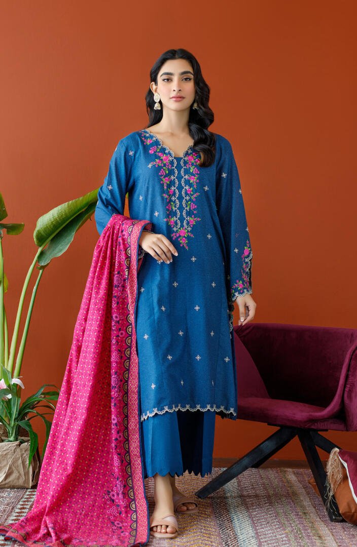 Orient 3 Piece Embroidered Karandi Suit (OTL-23-275/U-BLUE)