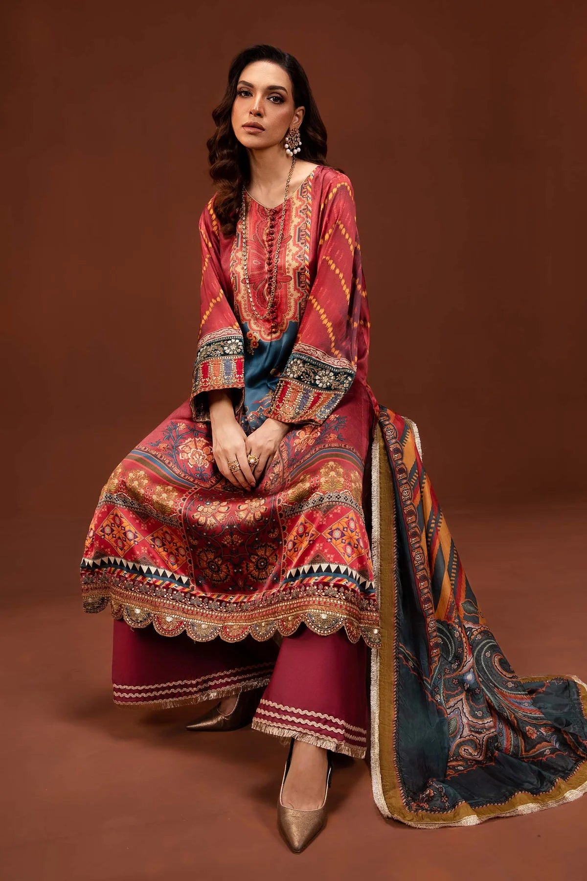 Maria B 3Pc Printed Pure Charmeuse Silk Suit MPS-PF24-08 gulbuy.com