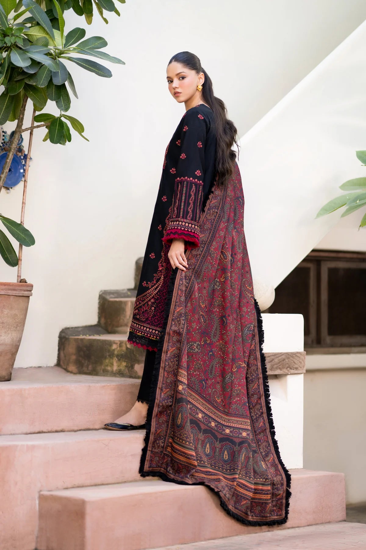 Xenia 3Pc Embroidered Khaddar Suit SIYAH gulbuy.com