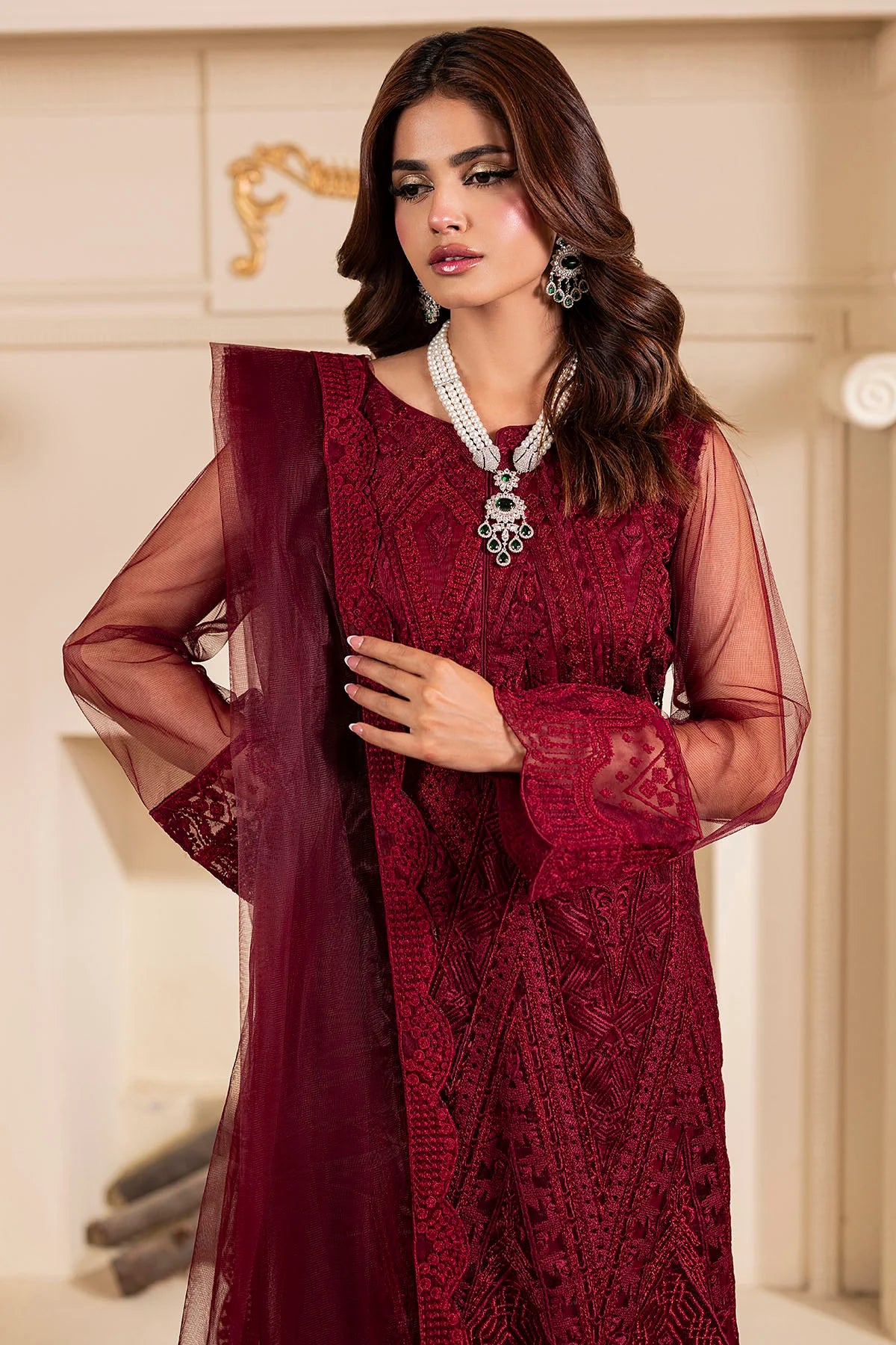 Motifz 3Pc Embroidered Silk Net Suit 5348-RUBY gulbuy.com