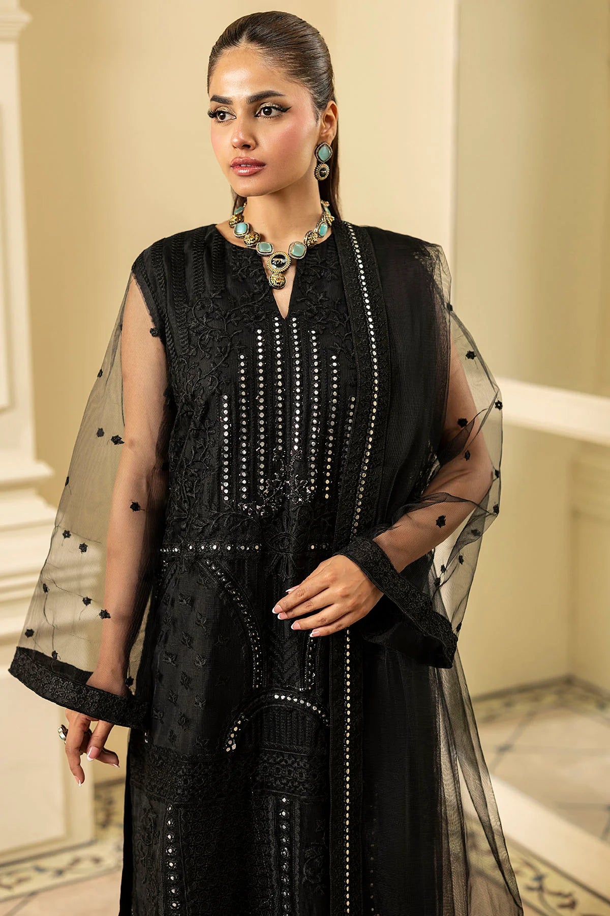 Motifz 3Pc Embroidered Silk Net Suit 5352-ONYX gulbuy.com
